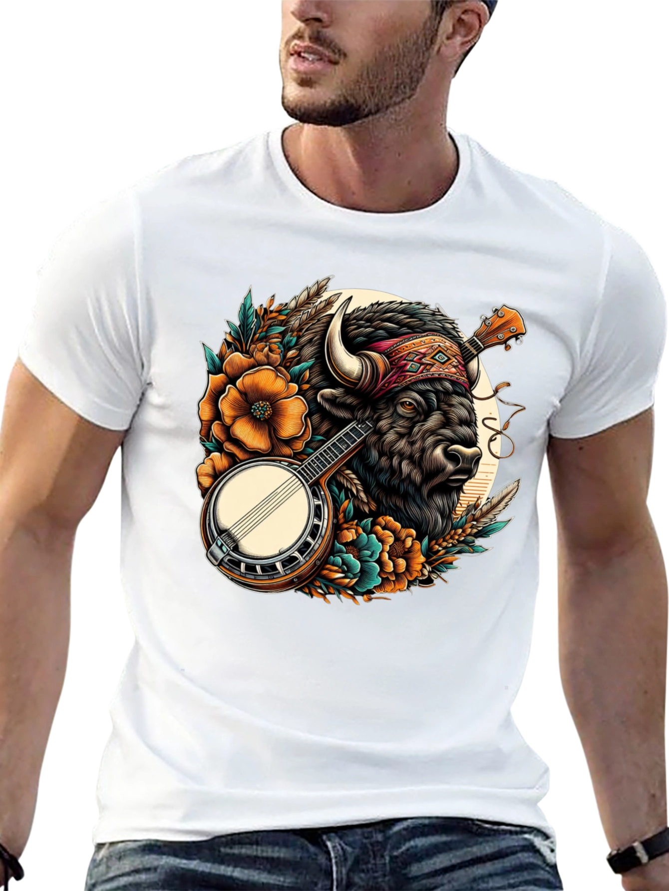 Camiseta Negra con Diseño de Búfalo y Banjo