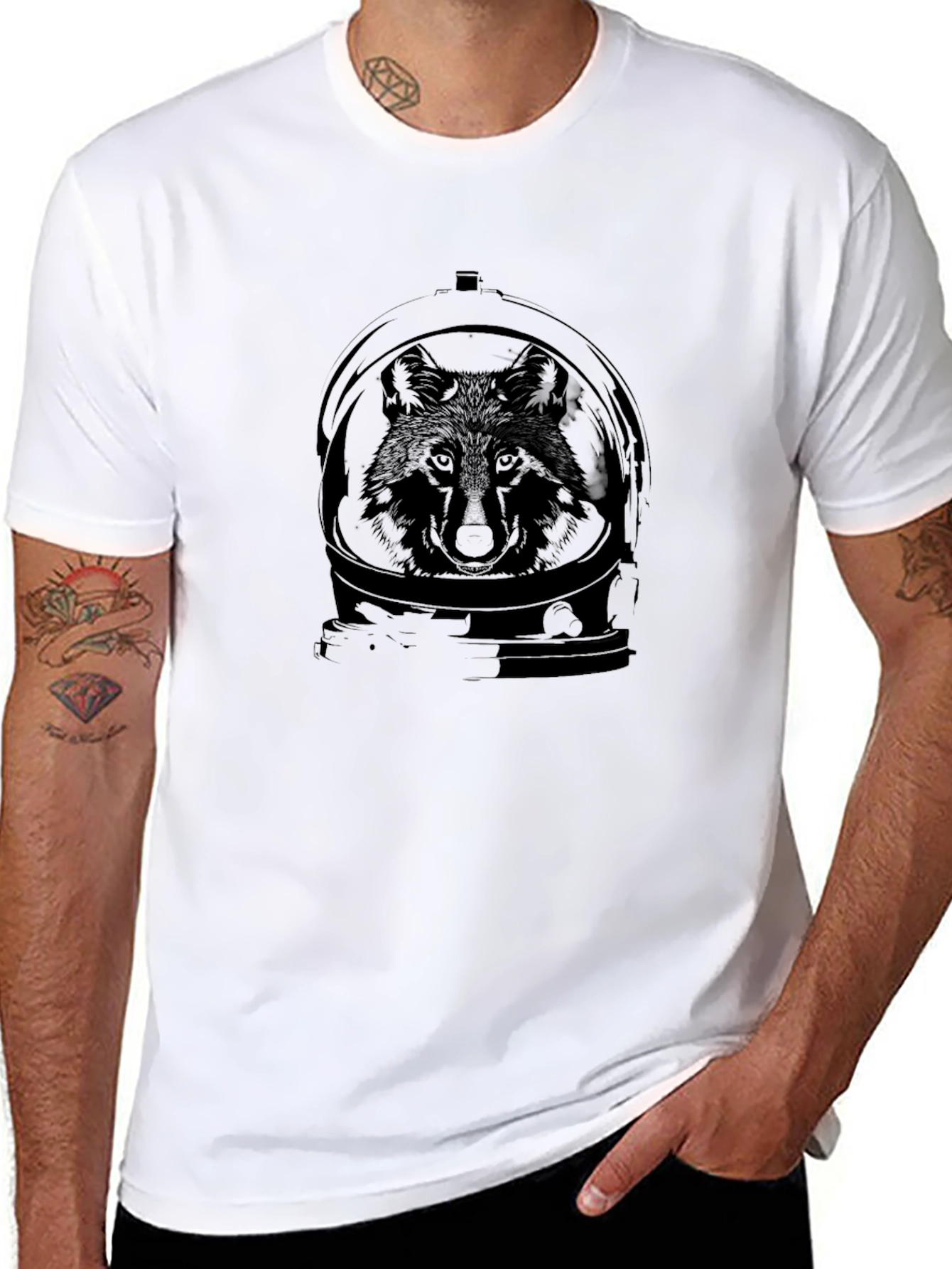 Camiseta Negra con Diseño de Lobo Astronauta