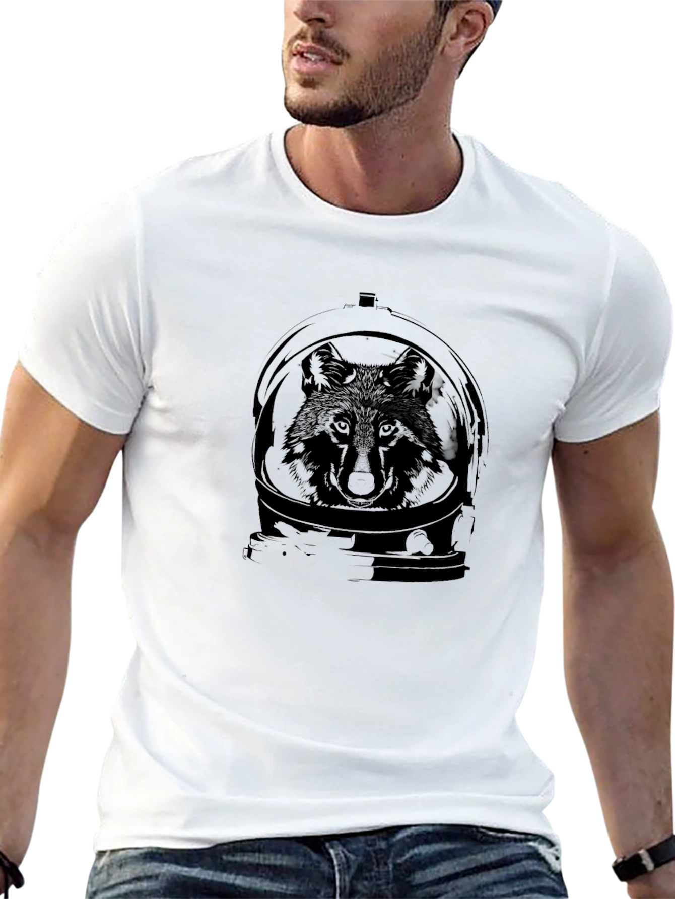 Camiseta Negra con Diseño de Lobo Astronauta