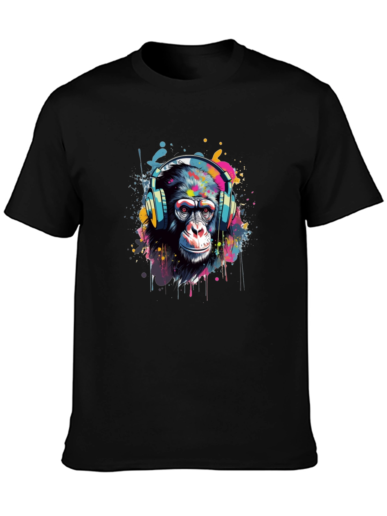Camiseta Negra con Diseño de Mono con Auriculares