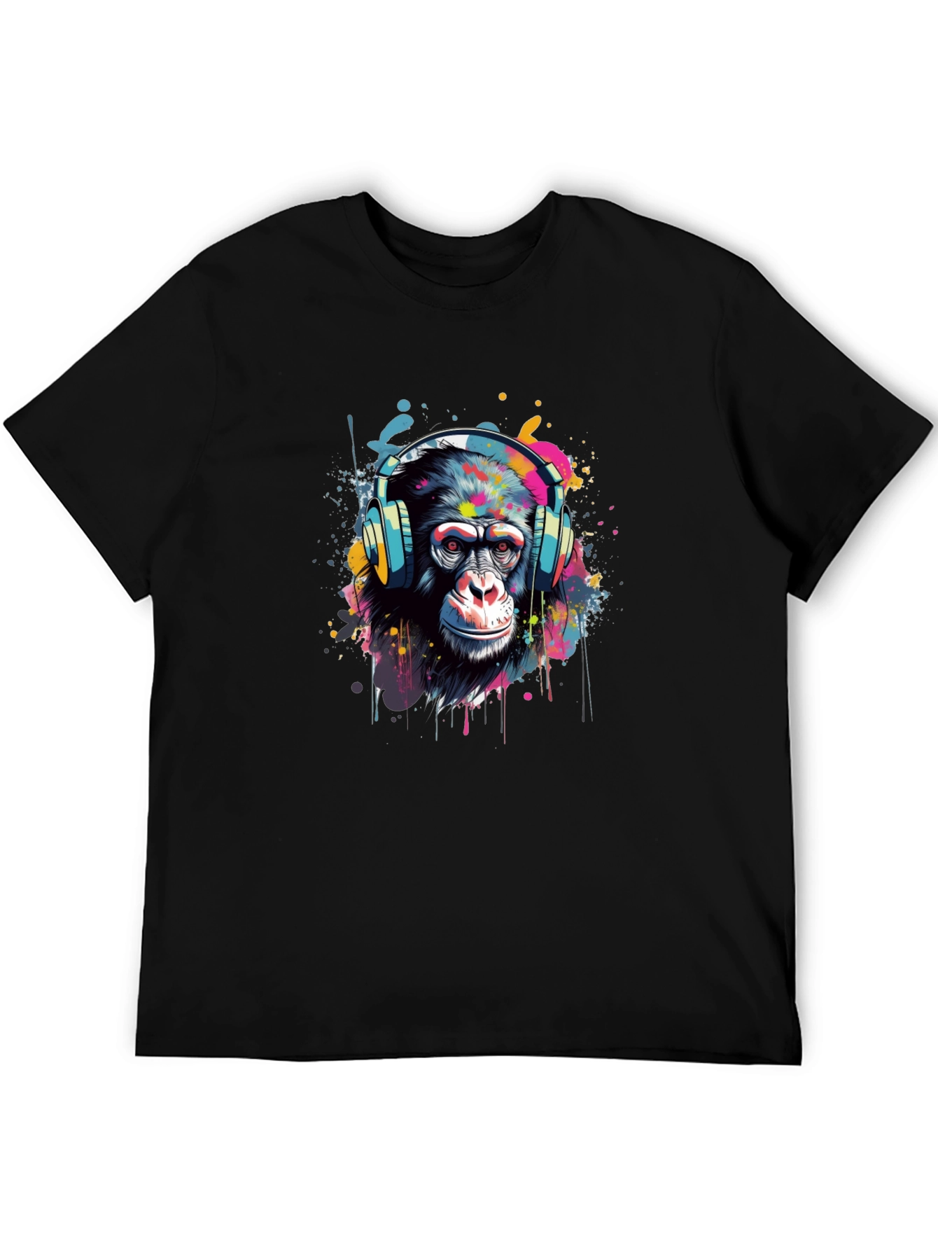 Camiseta Negra con Diseño de Mono con Auriculares