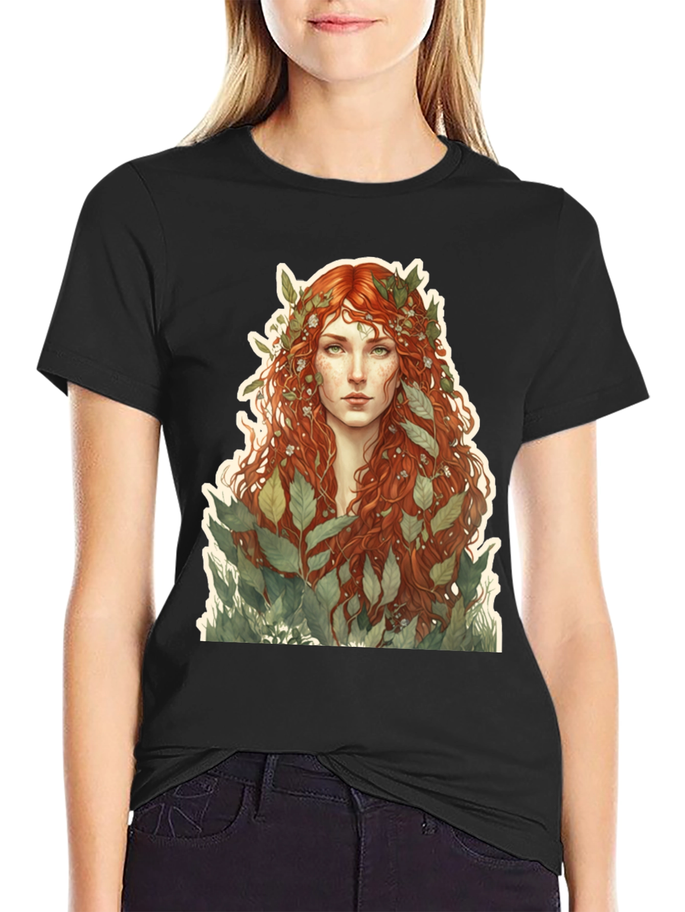 Camiseta Negra con Diseño de Ninfa de la Naturaleza