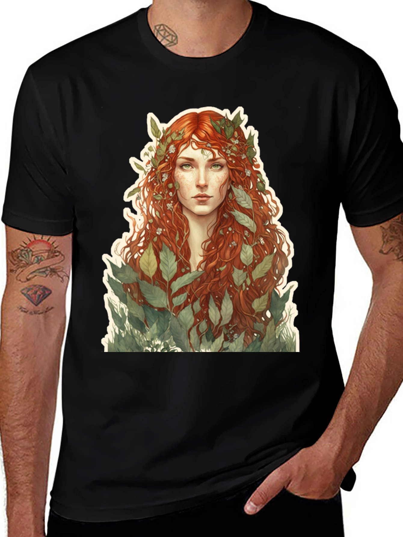 Camiseta Negra con Diseño de Ninfa de la Naturaleza