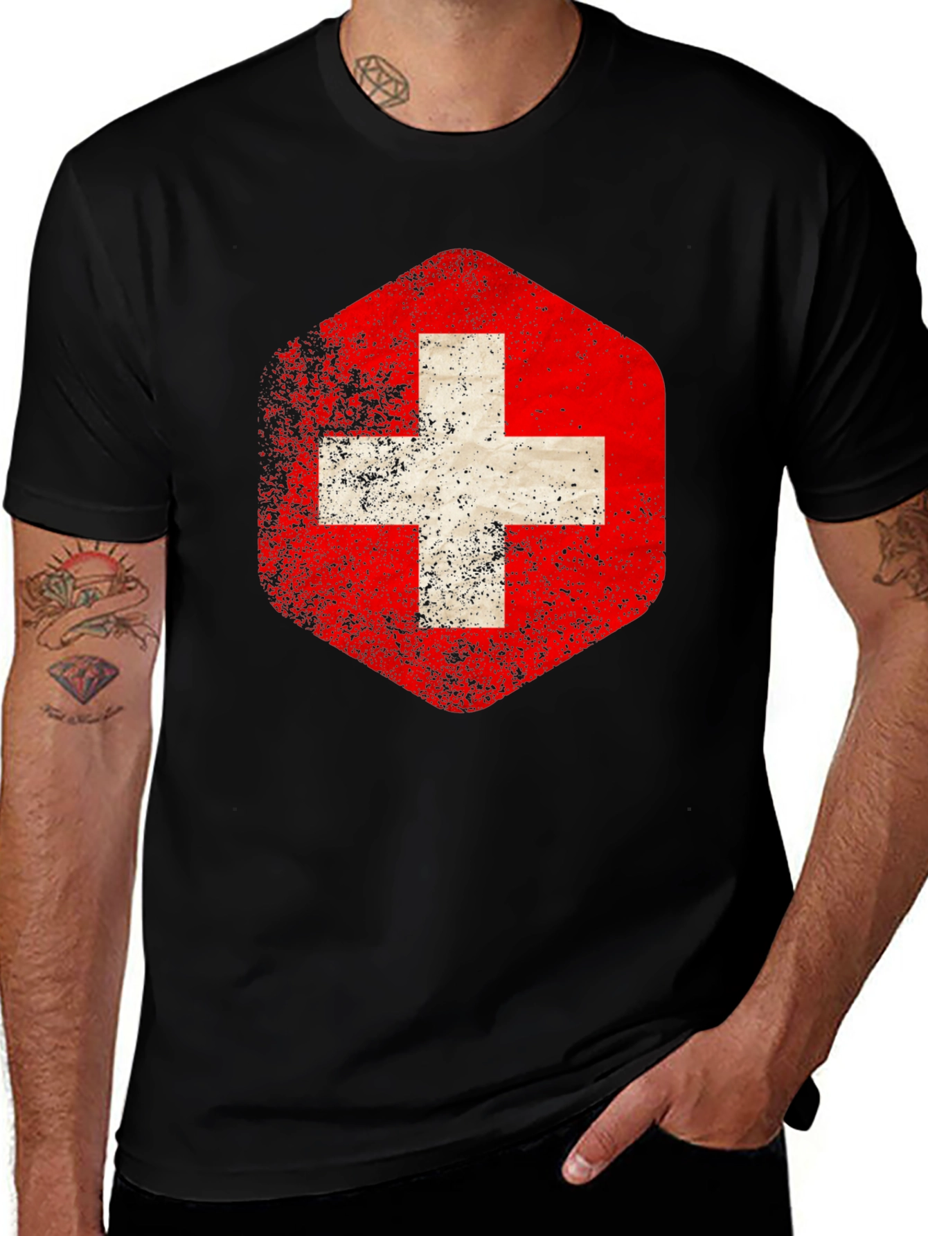 Camiseta Negra con Diseño de Bandera Suiza Vintage