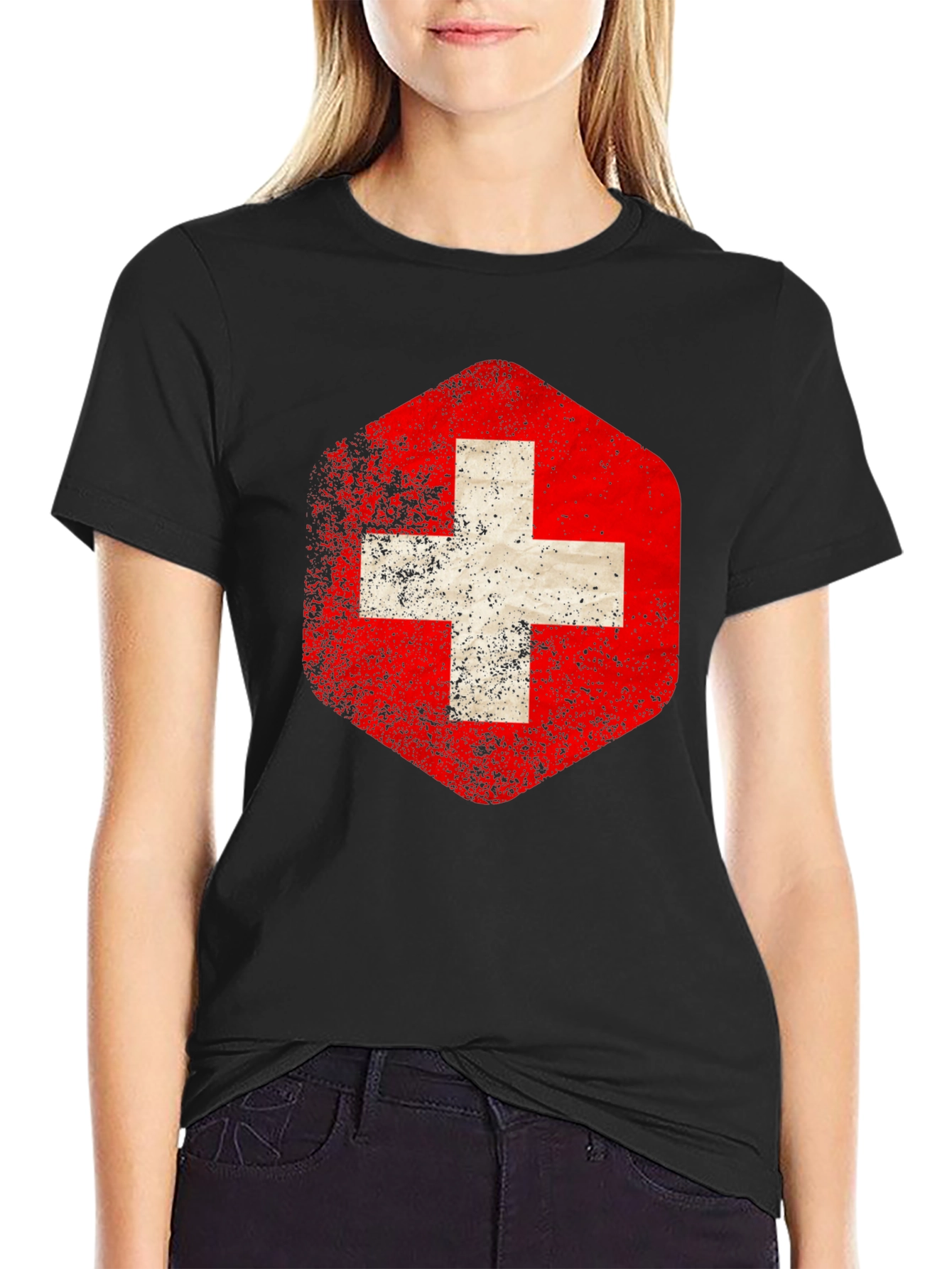 Camiseta Negra con Diseño de Bandera Suiza Vintage