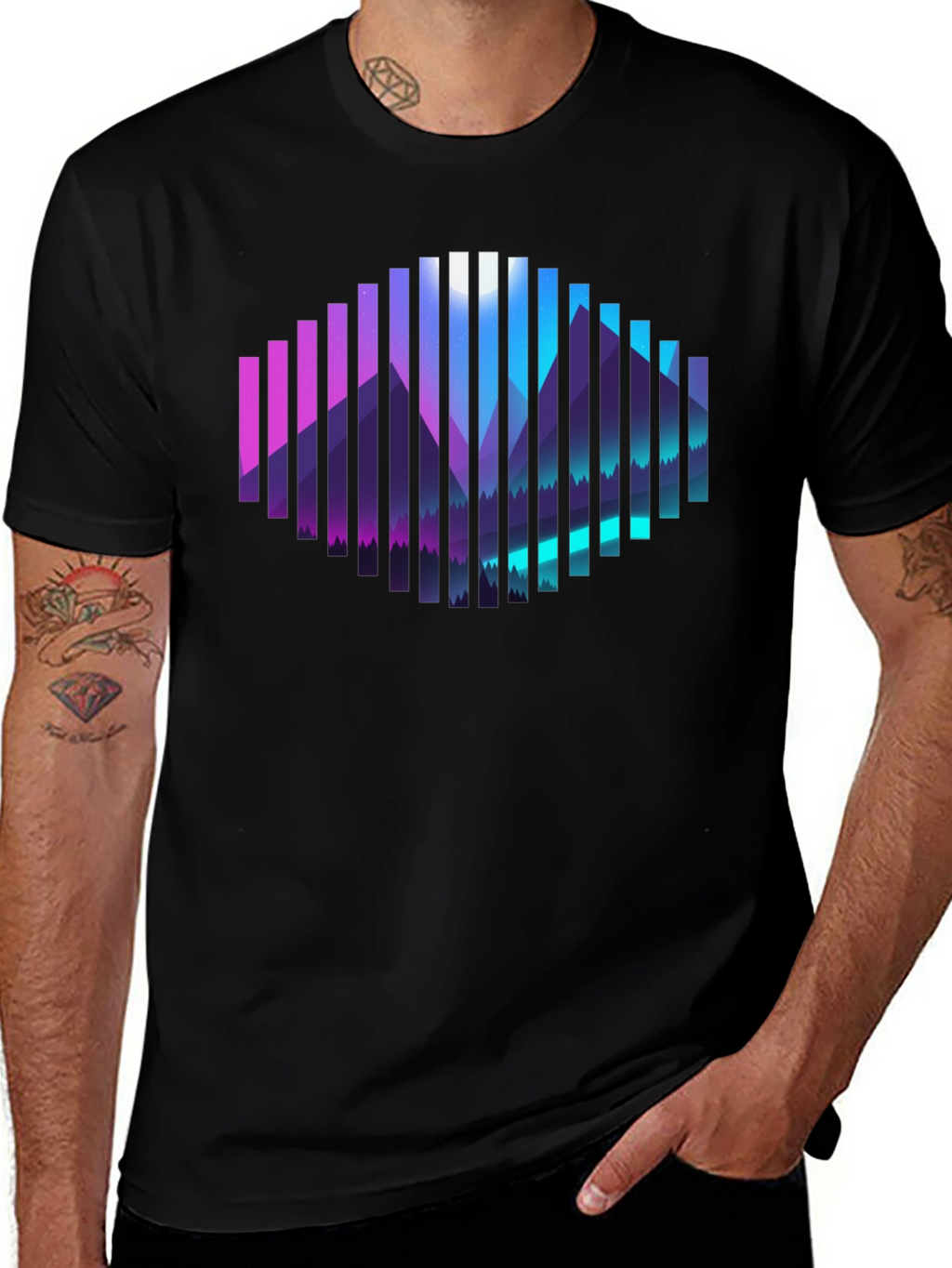 Camiseta Negra con Diseño de Montañas Abstractas