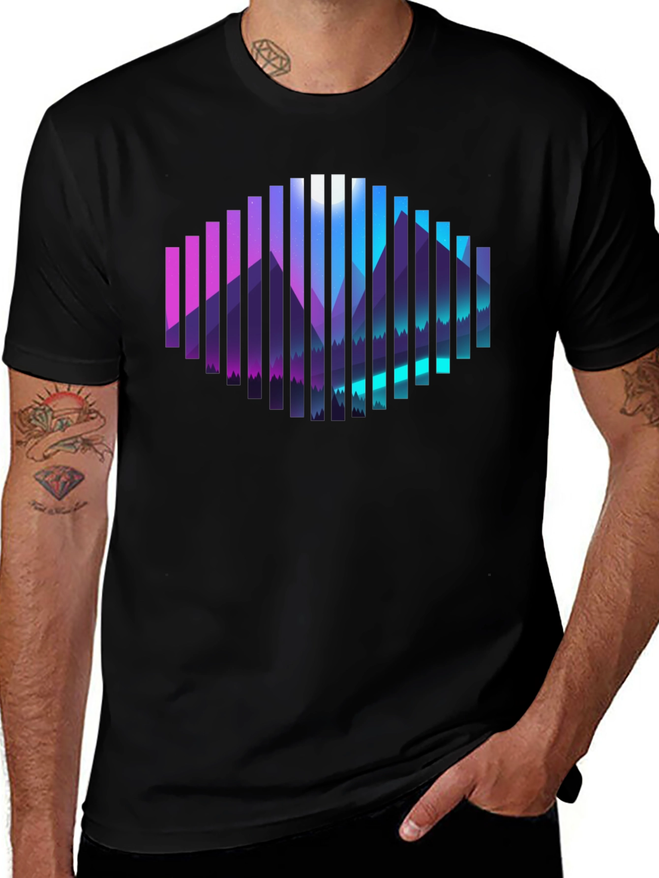 Camiseta Negra con Diseño de Montañas Abstractas