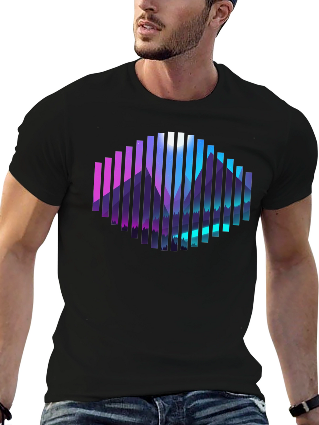 Camiseta Negra con Diseño de Montañas Abstractas