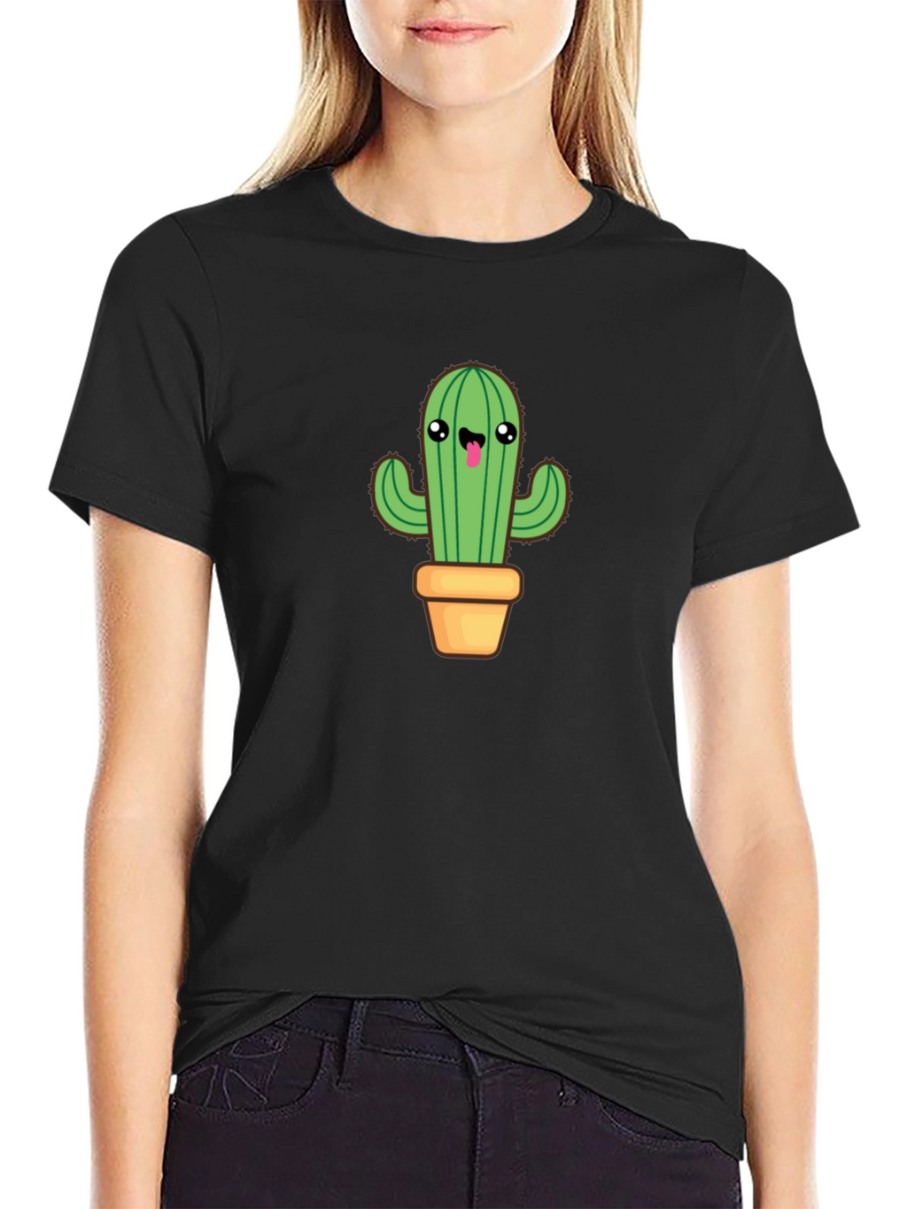 Camiseta Negra con Diseño de Cactus Kawaii
