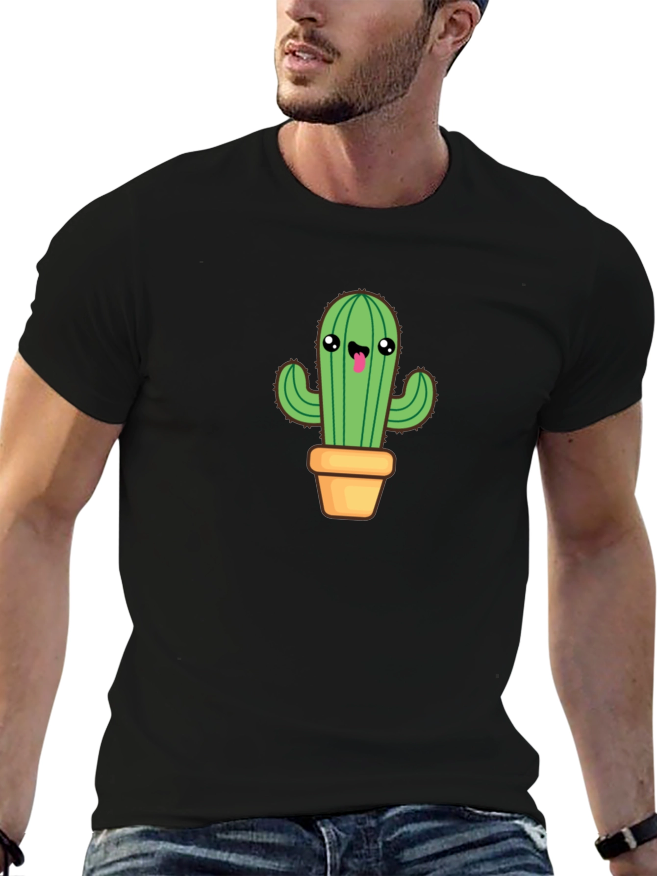 Camiseta Negra con Diseño de Cactus Kawaii