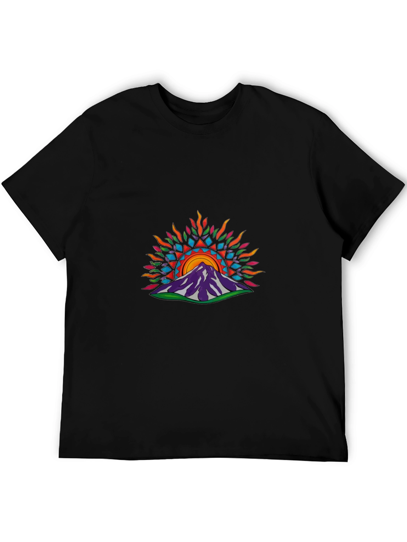 Camiseta Negra con Diseño de Montaña y Sol Abstracto