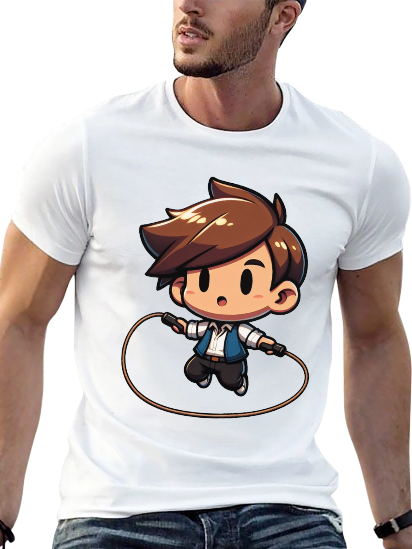 Camiseta Negra con Diseño de Niño Saltando la Cuerda