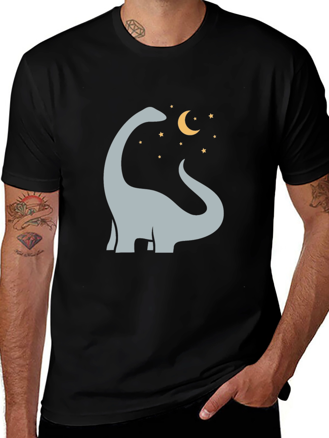 Camiseta Negra con Diseño de Dinosaurio y Luna