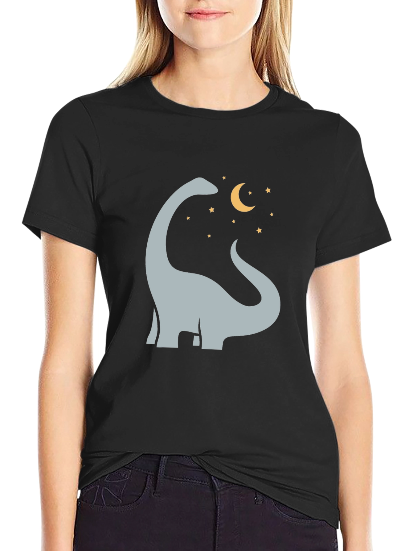 Camiseta Negra con Diseño de Dinosaurio y Luna