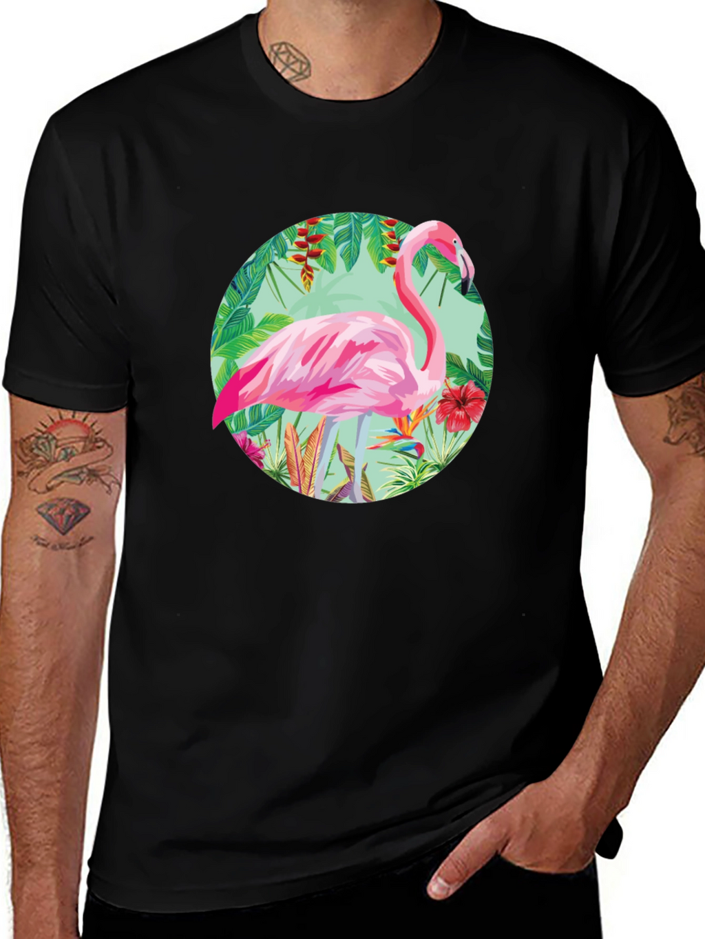 Camiseta Negra con Diseño de Flamenco Tropical