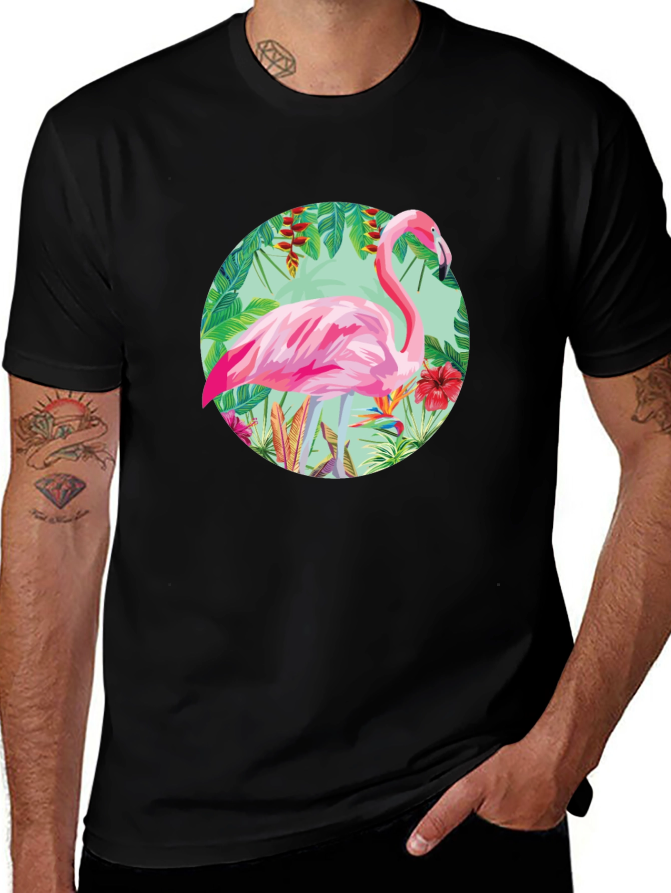 Camiseta Negra con Diseño de Flamenco Tropical