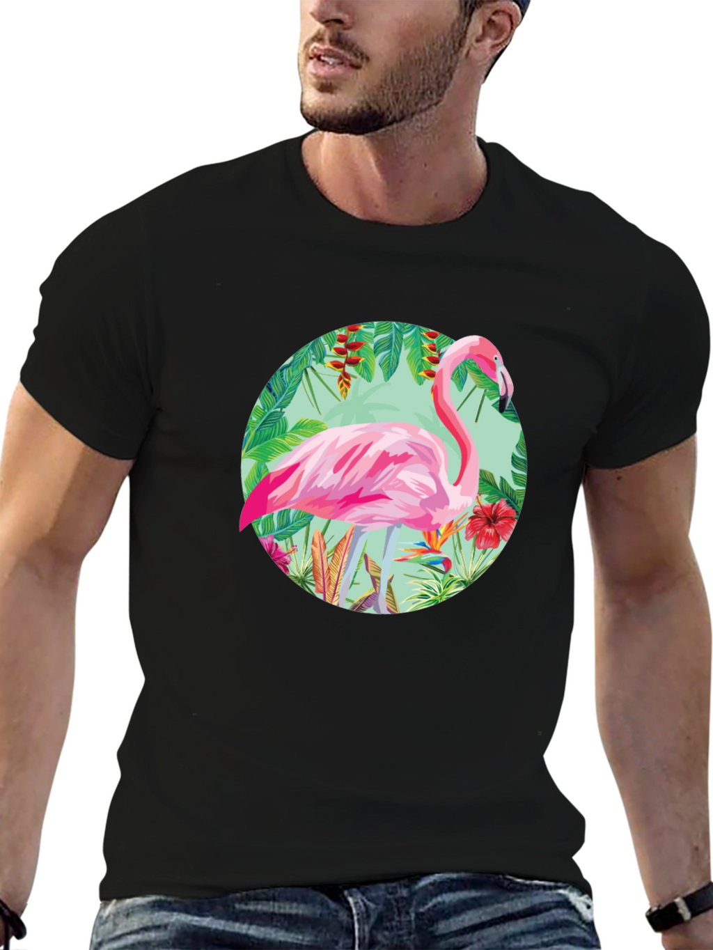 Camiseta Negra con Diseño de Flamenco Tropical