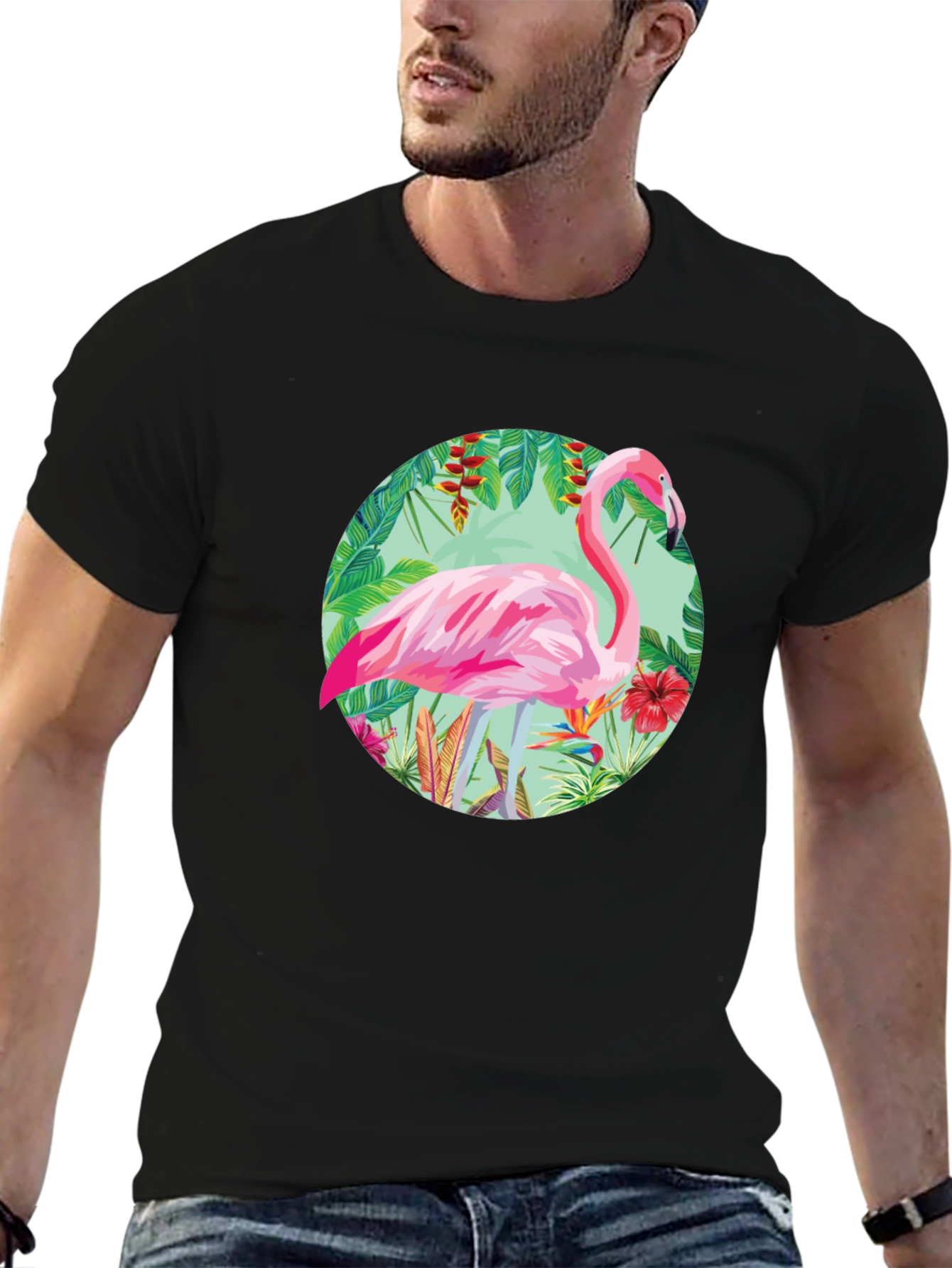 Camiseta Negra con Diseño de Flamenco Tropical