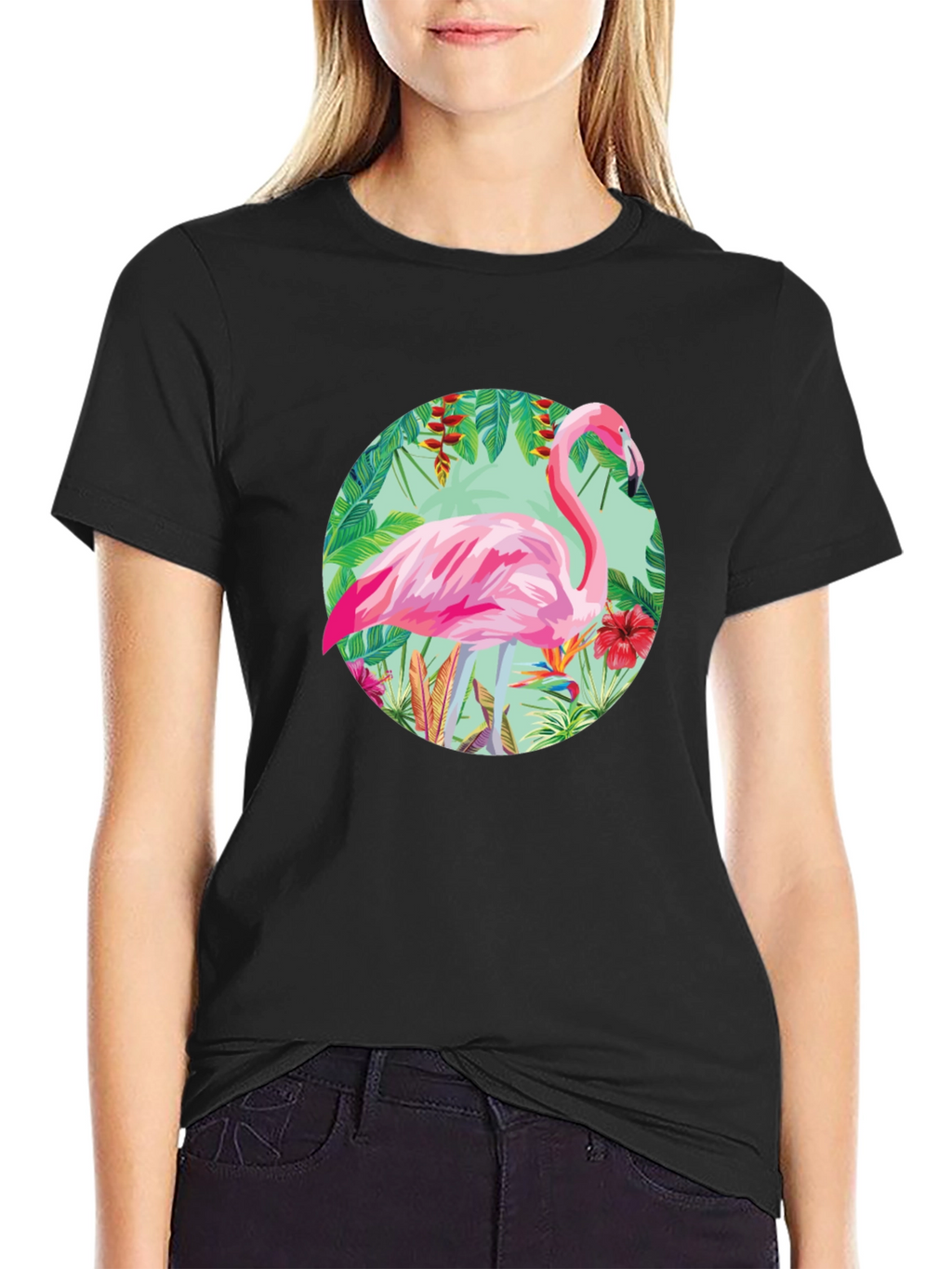 Camiseta Negra con Diseño de Flamenco Tropical