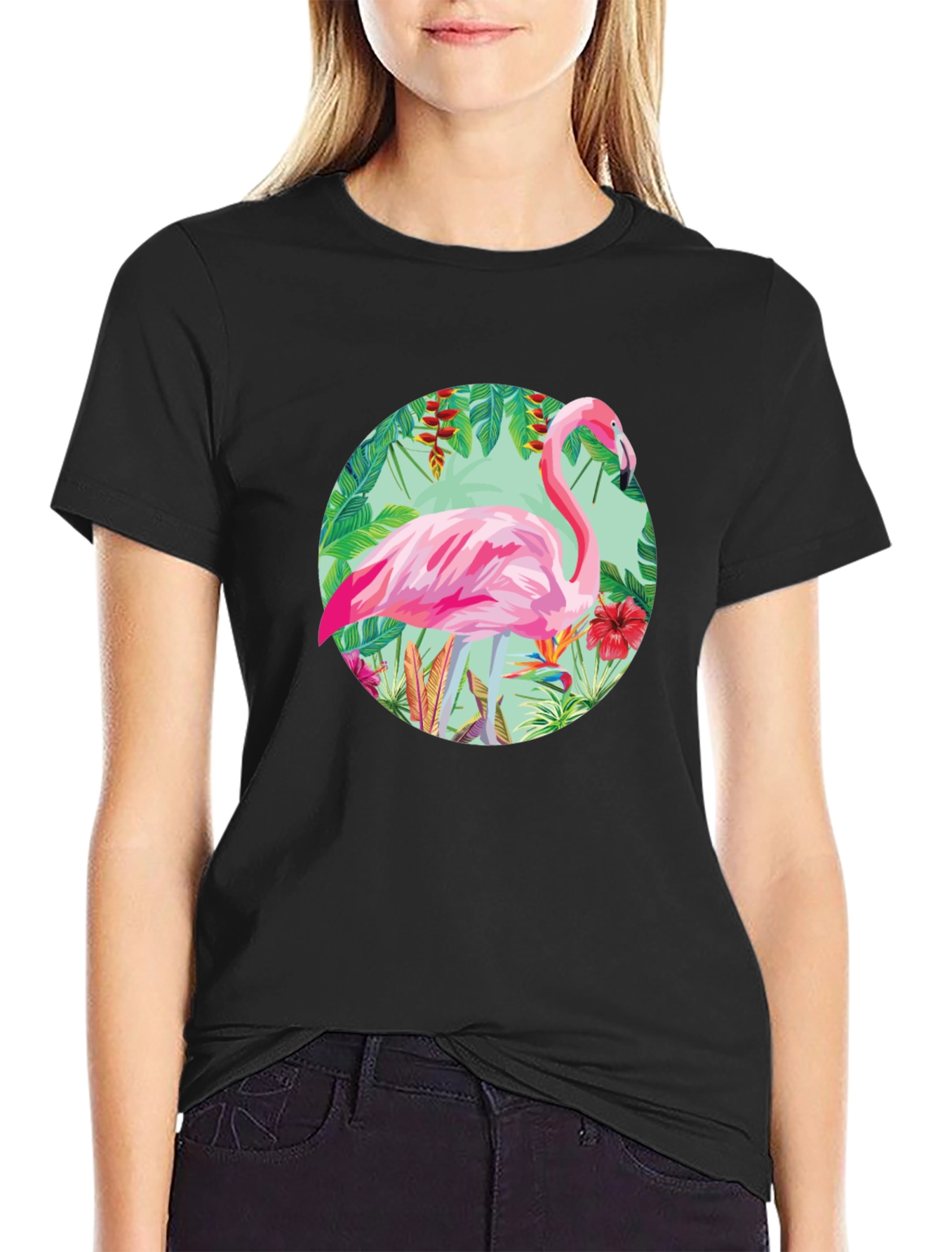 Camiseta Negra con Diseño de Flamenco Tropical