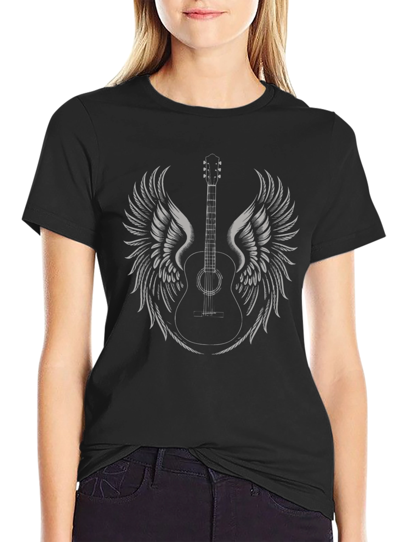 Camiseta Negra con Diseño de Guitarra Alada