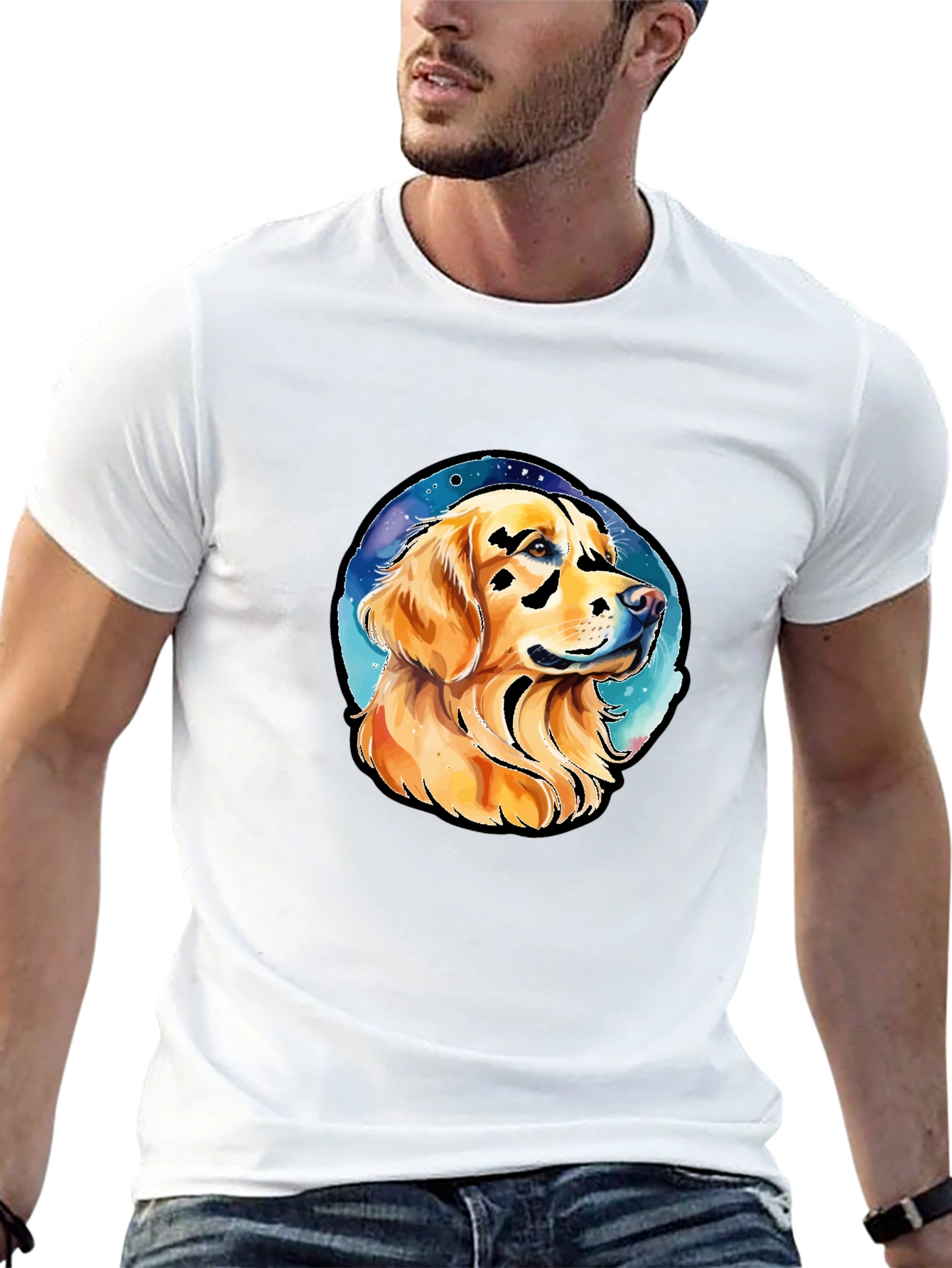 Camiseta Negra con Diseño de Golden Retriever Espacial