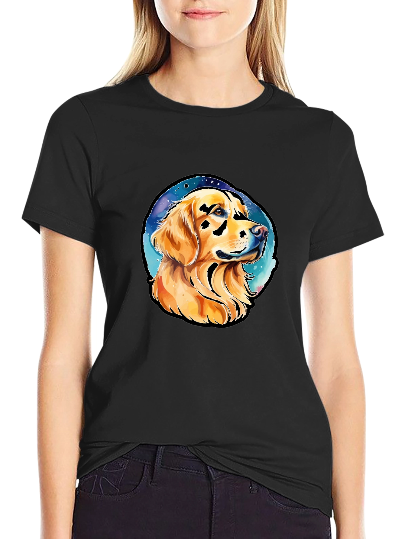 Camiseta Negra con Diseño de Golden Retriever Espacial