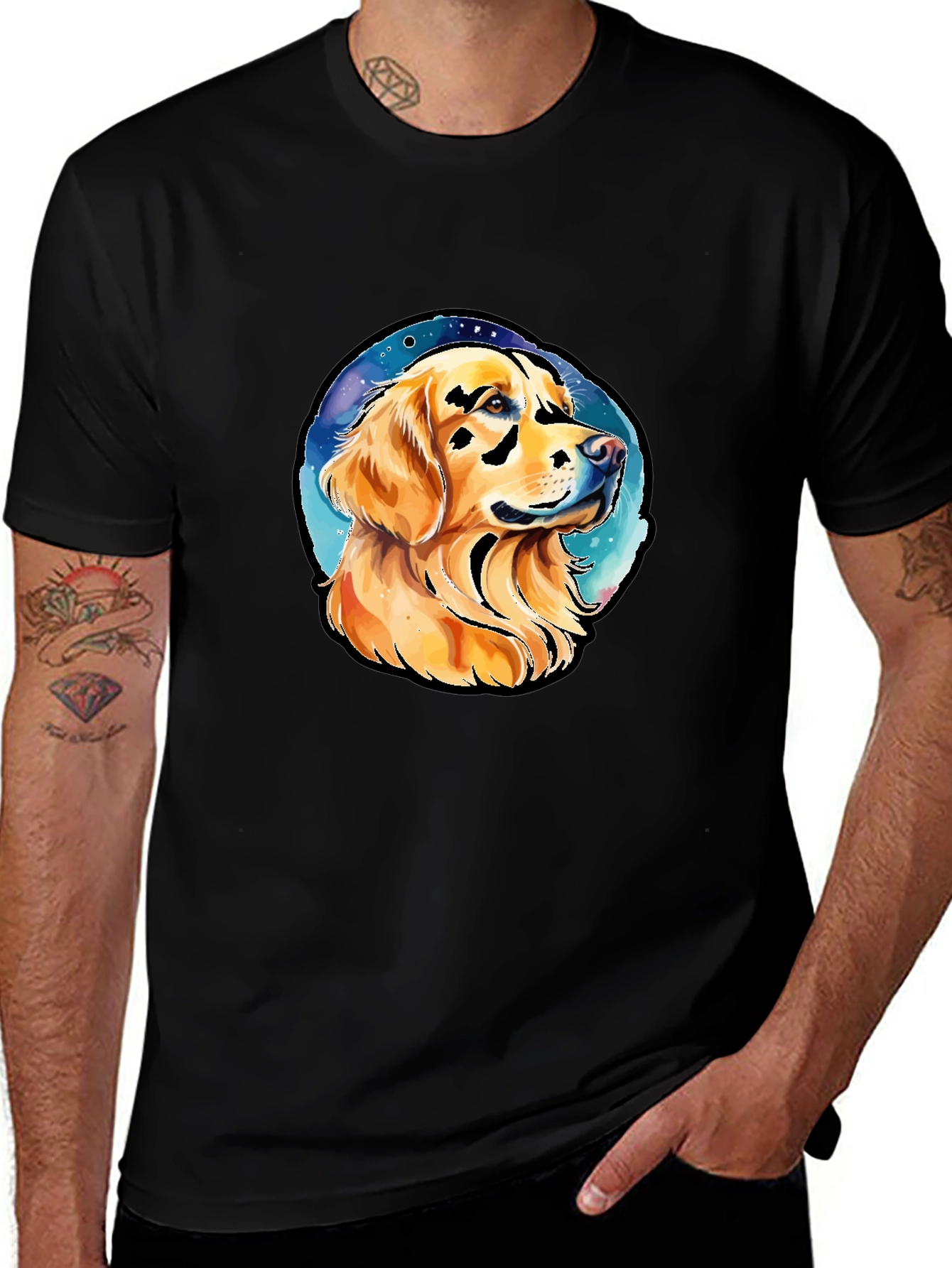 Camiseta Negra con Diseño de Golden Retriever Espacial