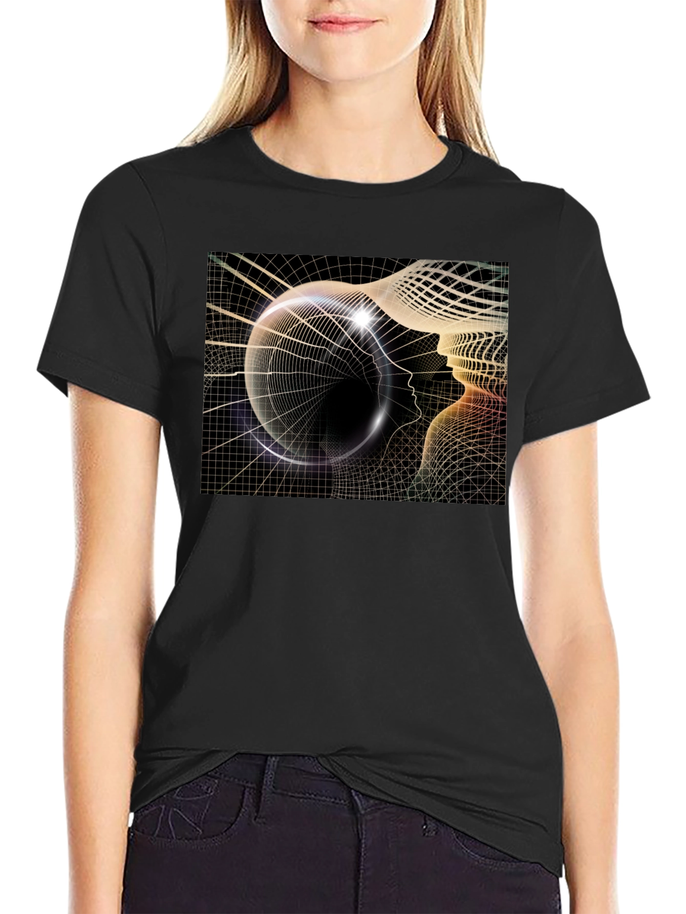 Camiseta Negra con Diseño Abstracto de Cabeza