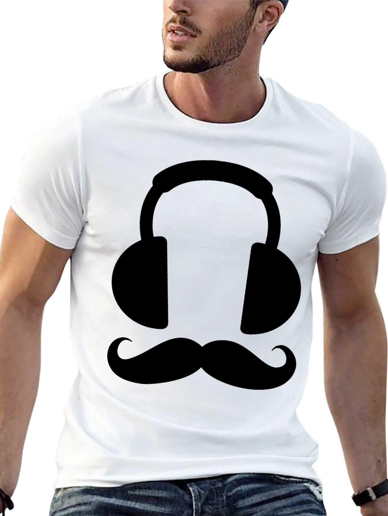 Camiseta Negra con Diseño de Audífonos y Bigote