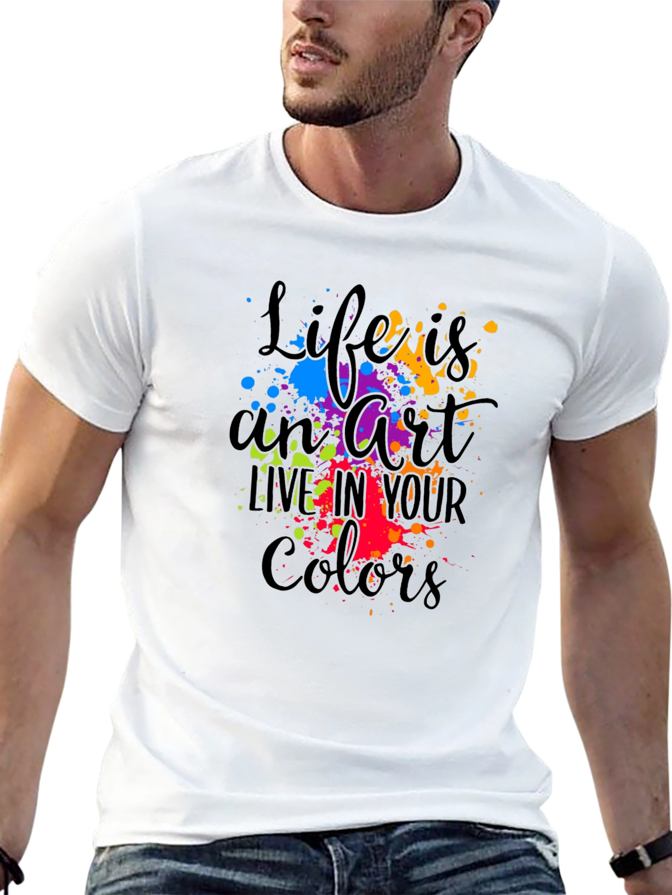 Camiseta Negra con Diseño Artístico de Colores