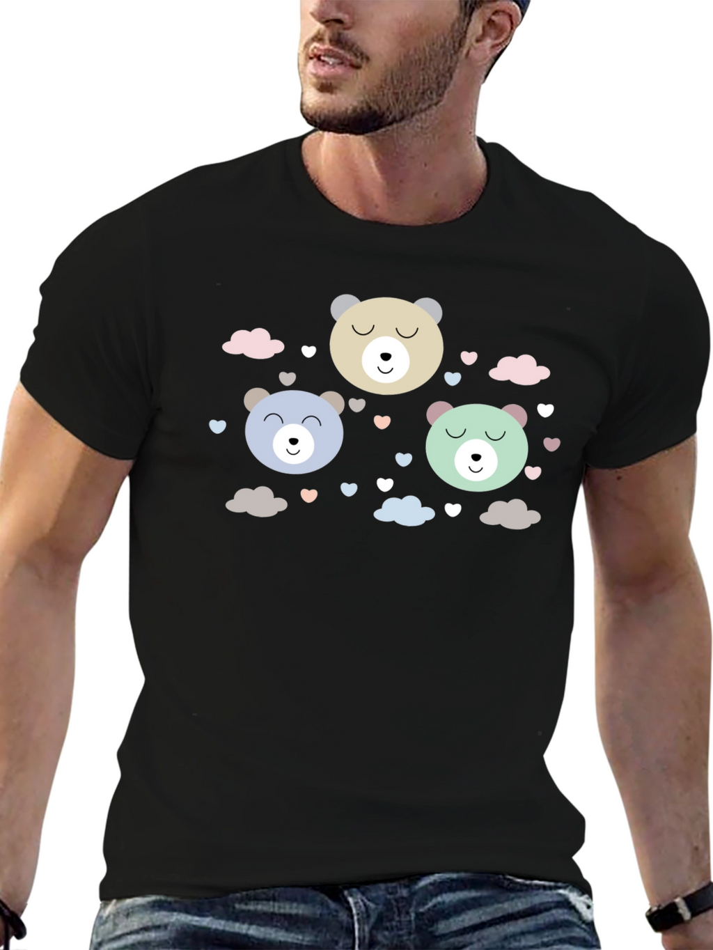 Camiseta Negra con Diseño de Ositos Kawaii