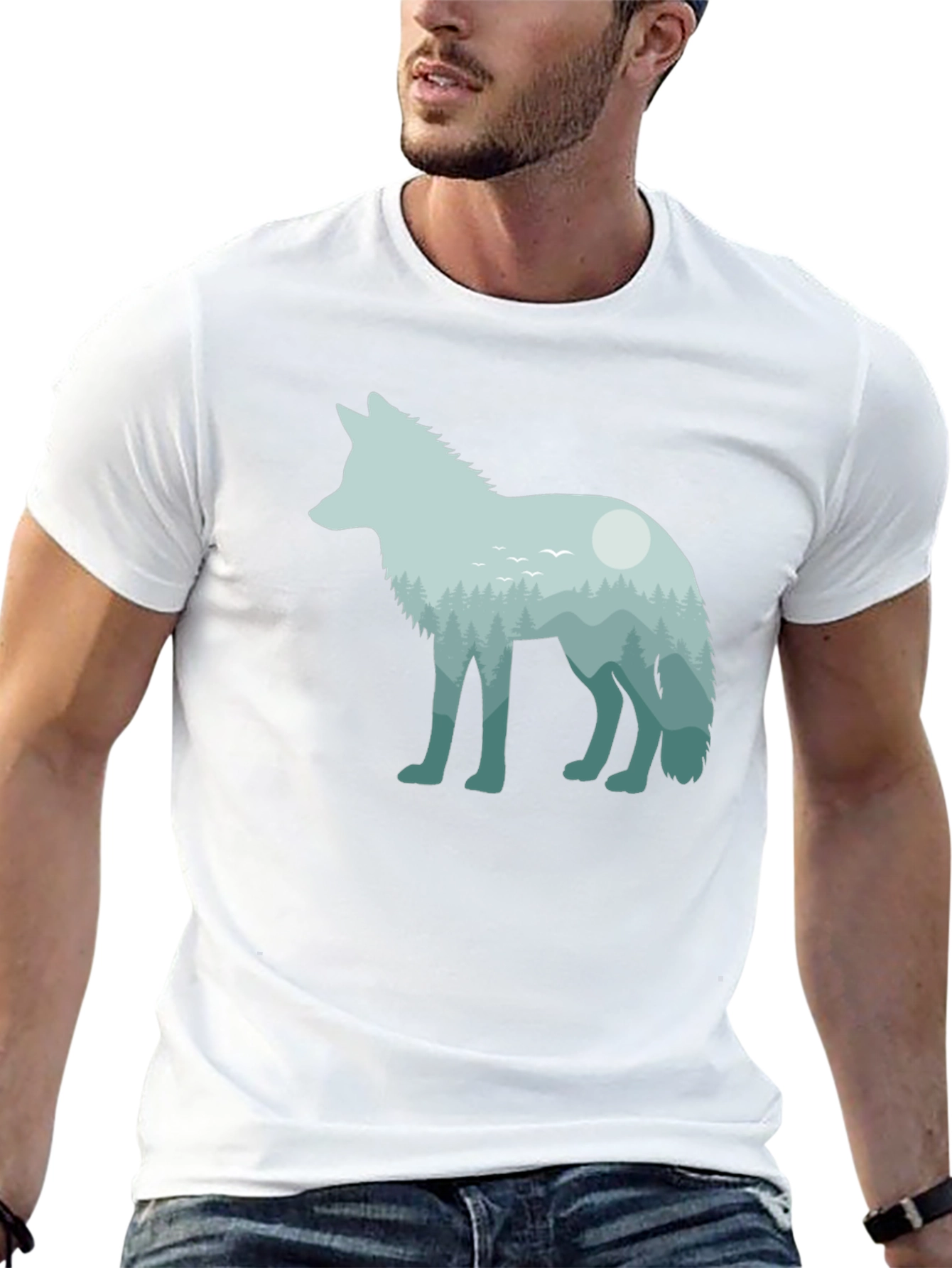 Camiseta Negra con Diseño de Lobo y Bosque
