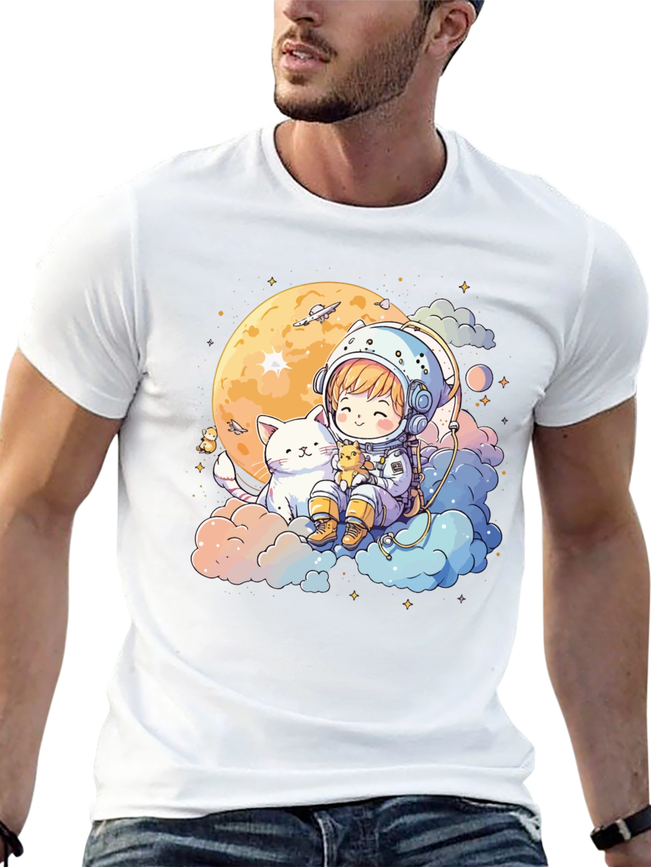 Camiseta Negra con Diseño de Astronauta y Gato