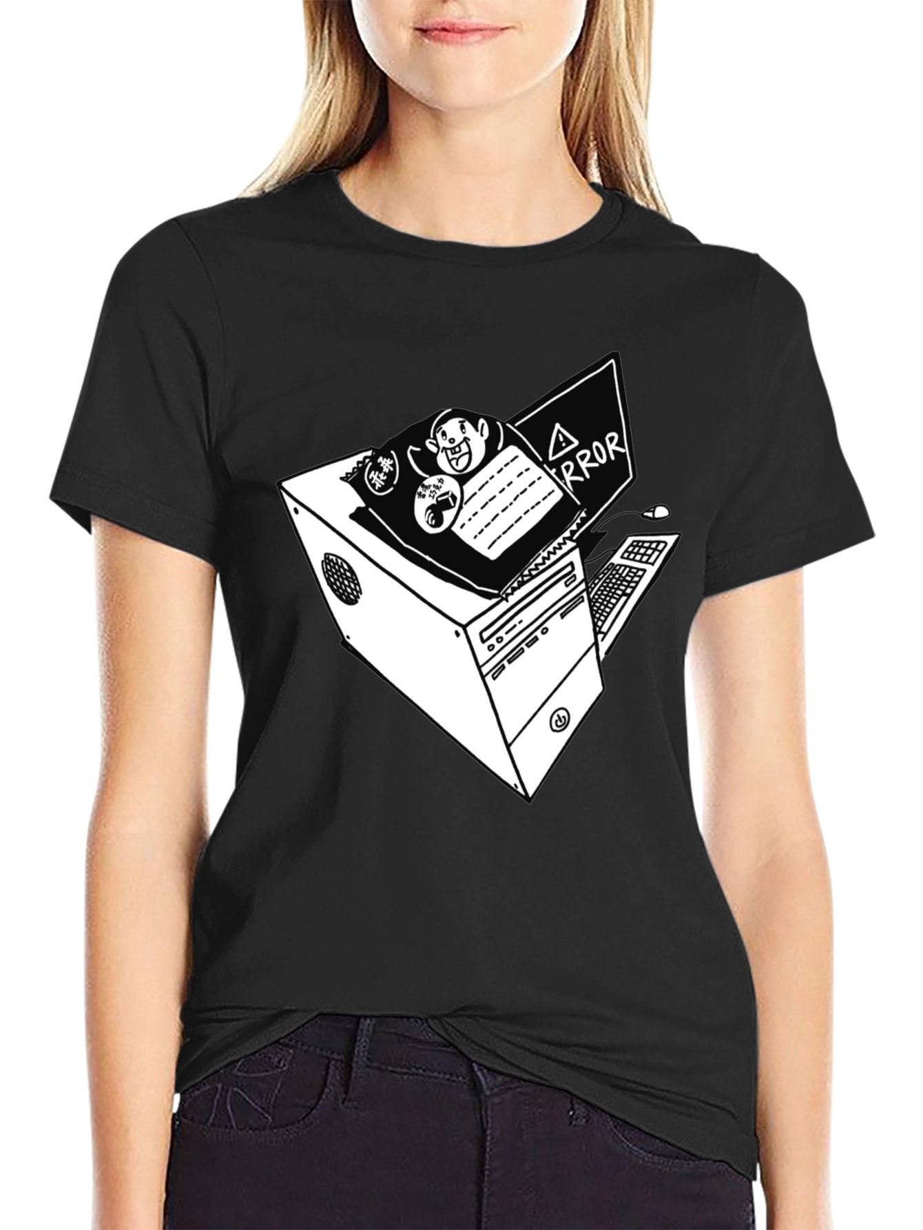 Camiseta Negra con Diseño de Ordenador Vintage Error