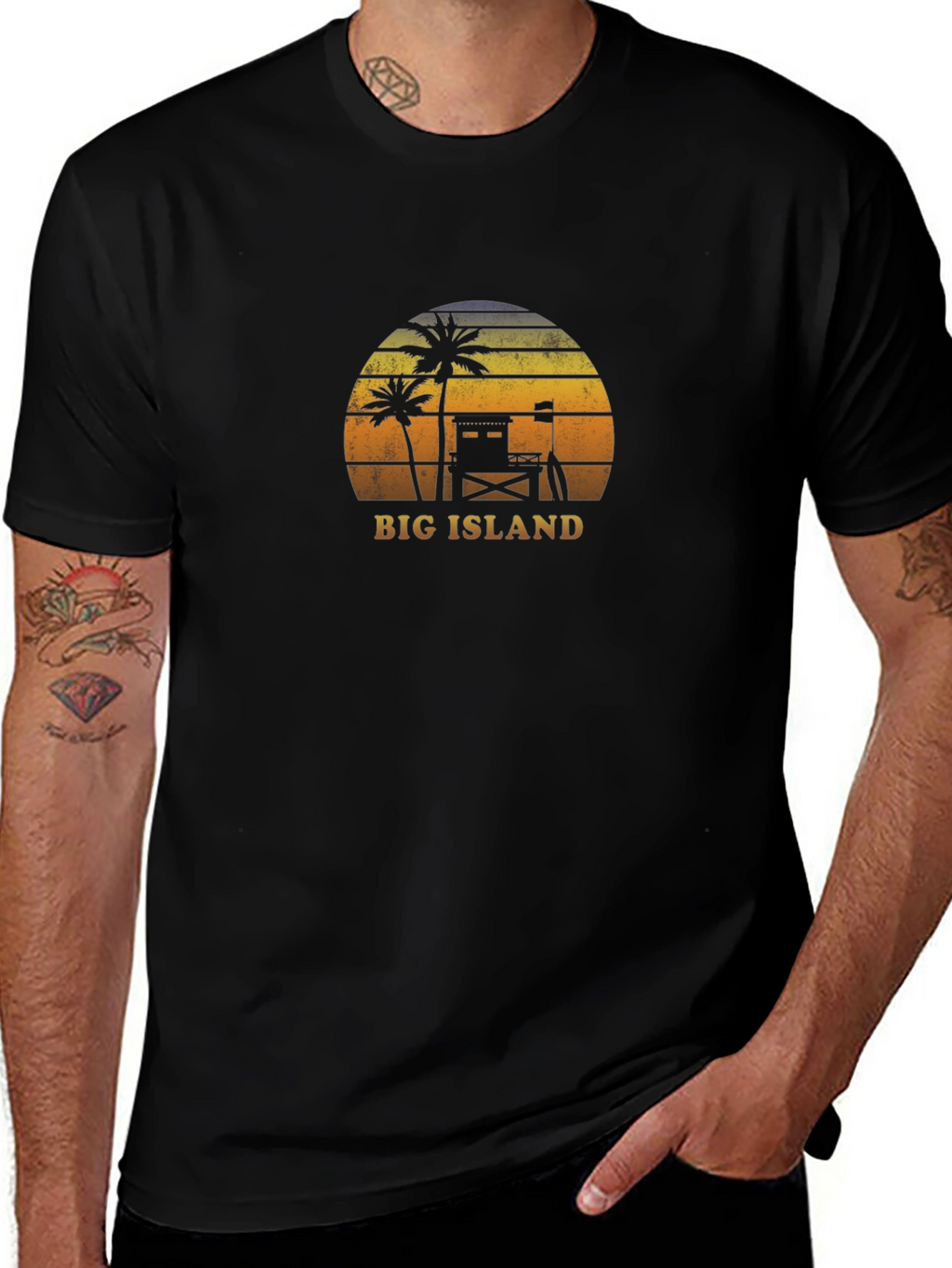 Camiseta negra Big Island estilo retro playero