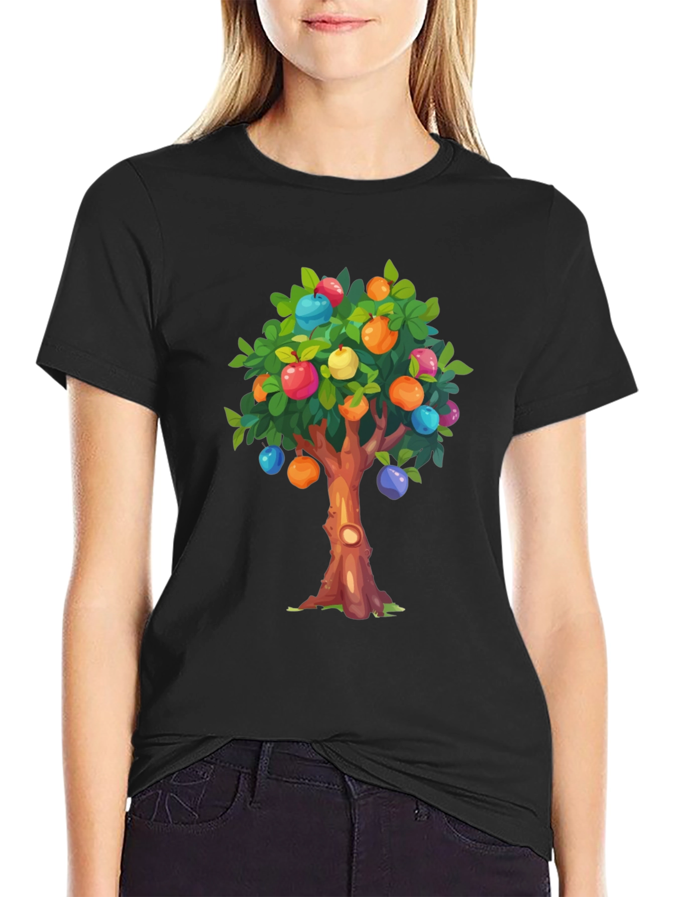 Camiseta Negra con Árbol Frutal de Dibujos Animados