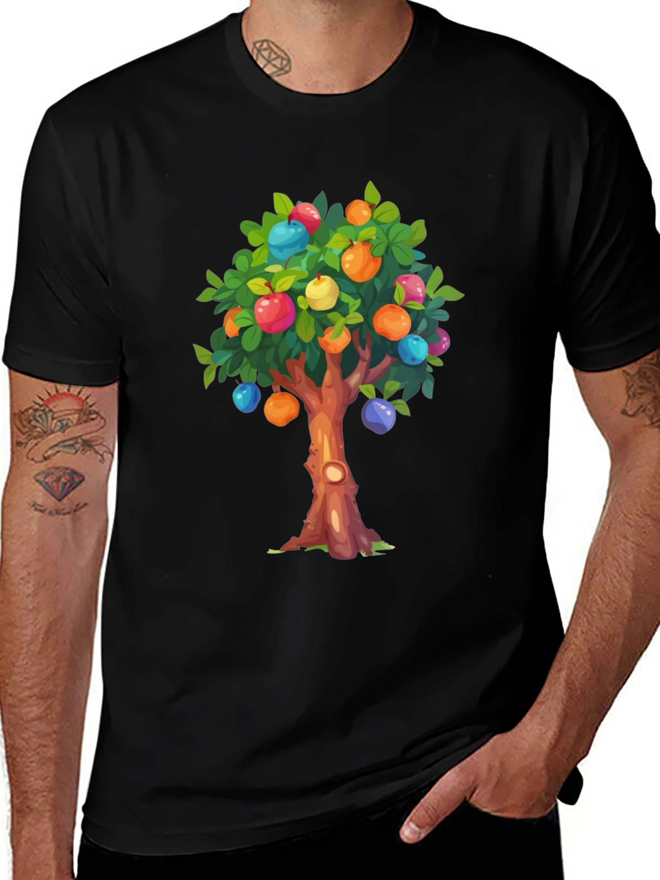 Camiseta Negra con Árbol Frutal de Dibujos Animados