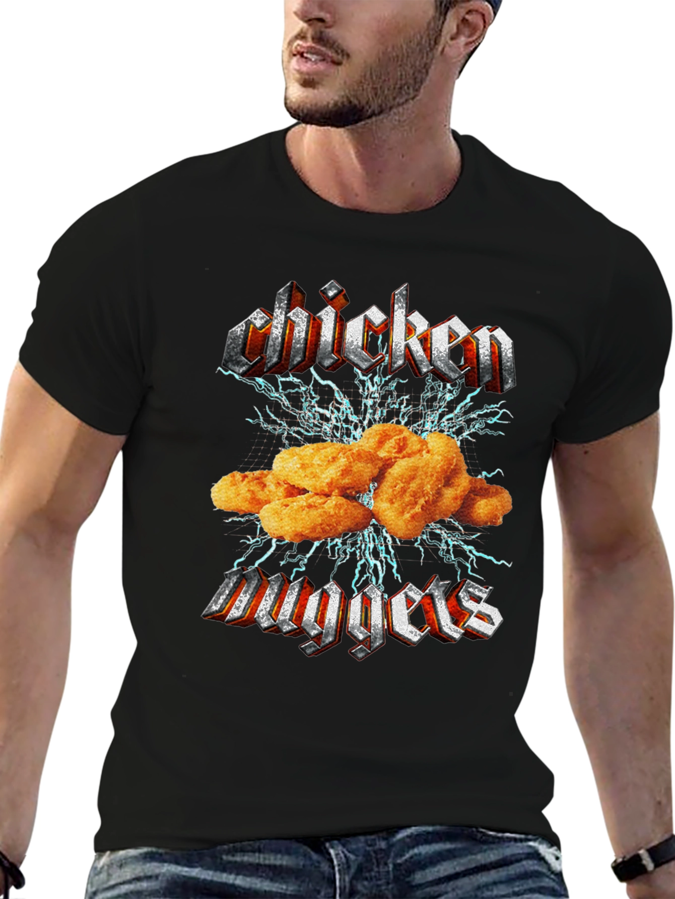 Camiseta Negra Chicken Nuggets Estilo Heavy Metal
