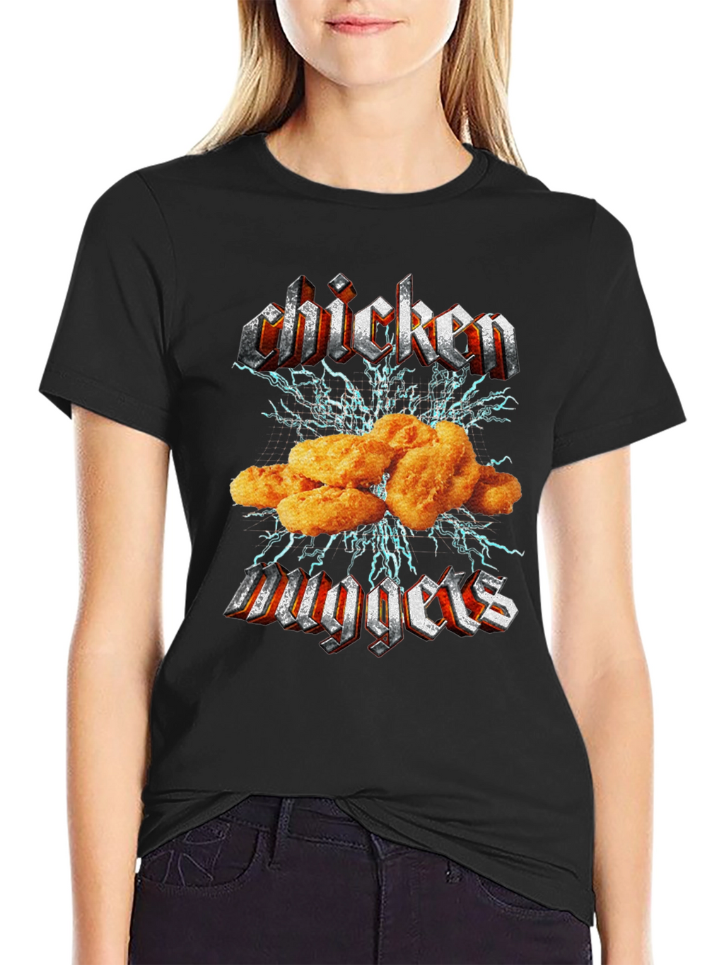 Camiseta Negra Chicken Nuggets Estilo Heavy Metal
