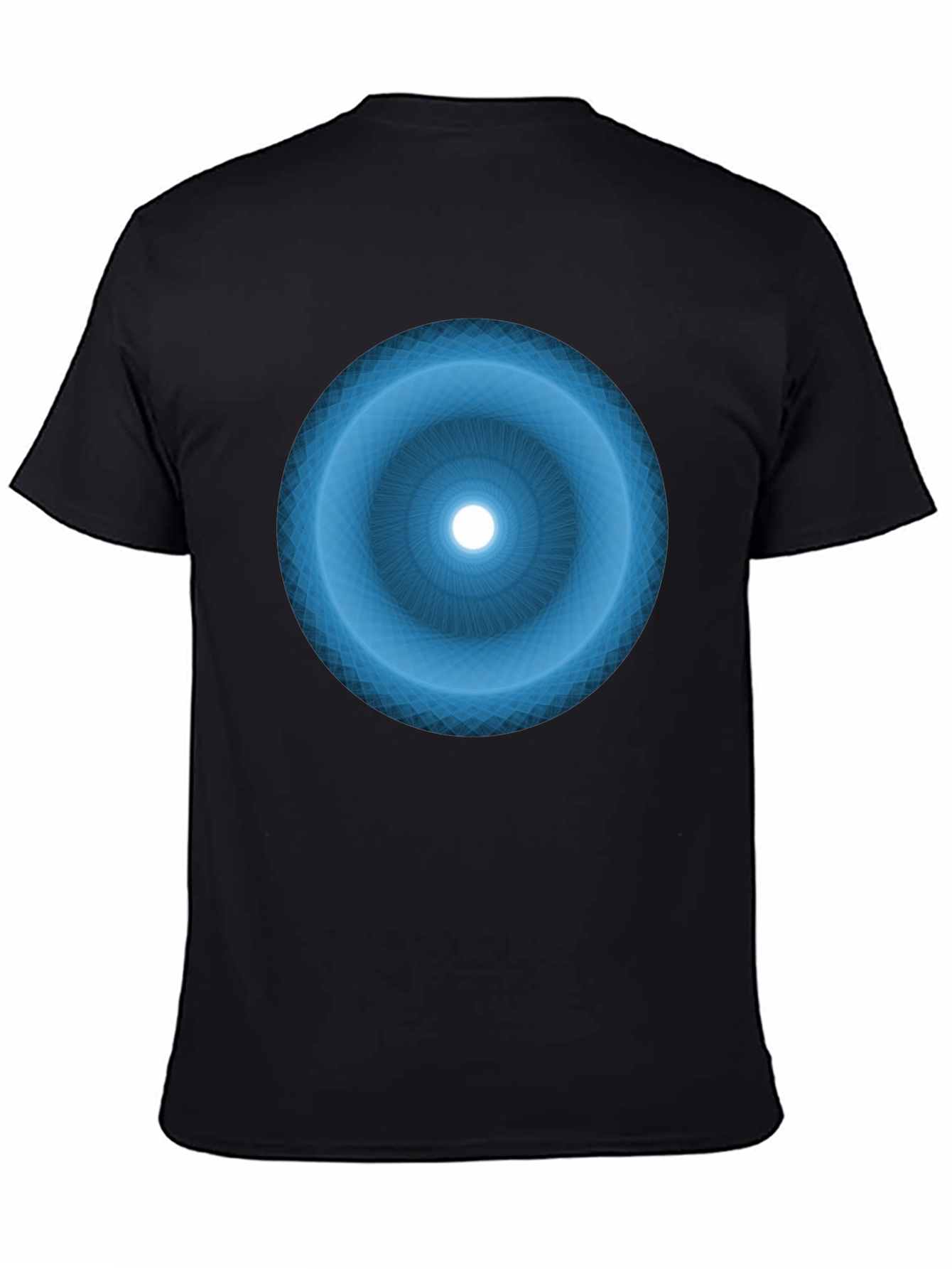 Camiseta Negra con Diseño Circular Azul Abstracto