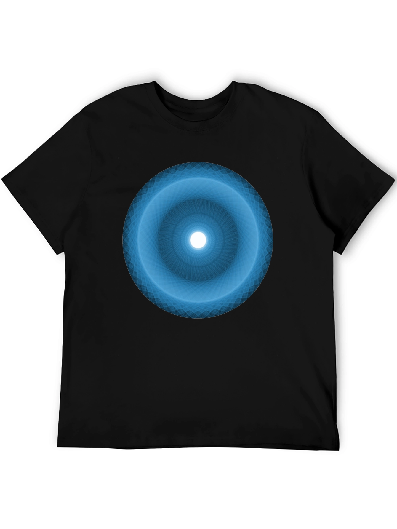 Camiseta Negra con Diseño Circular Azul Abstracto