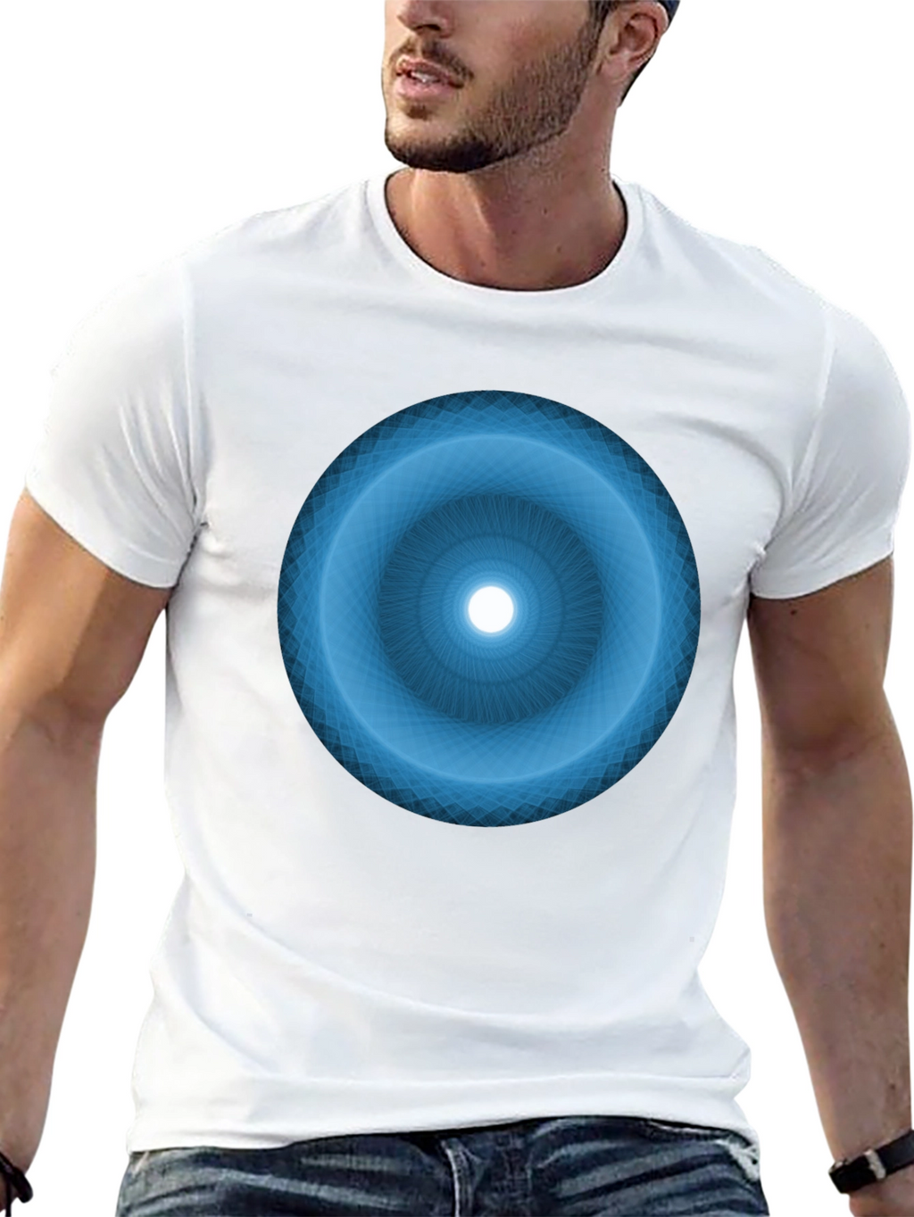 Camiseta Negra con Diseño Circular Azul Abstracto