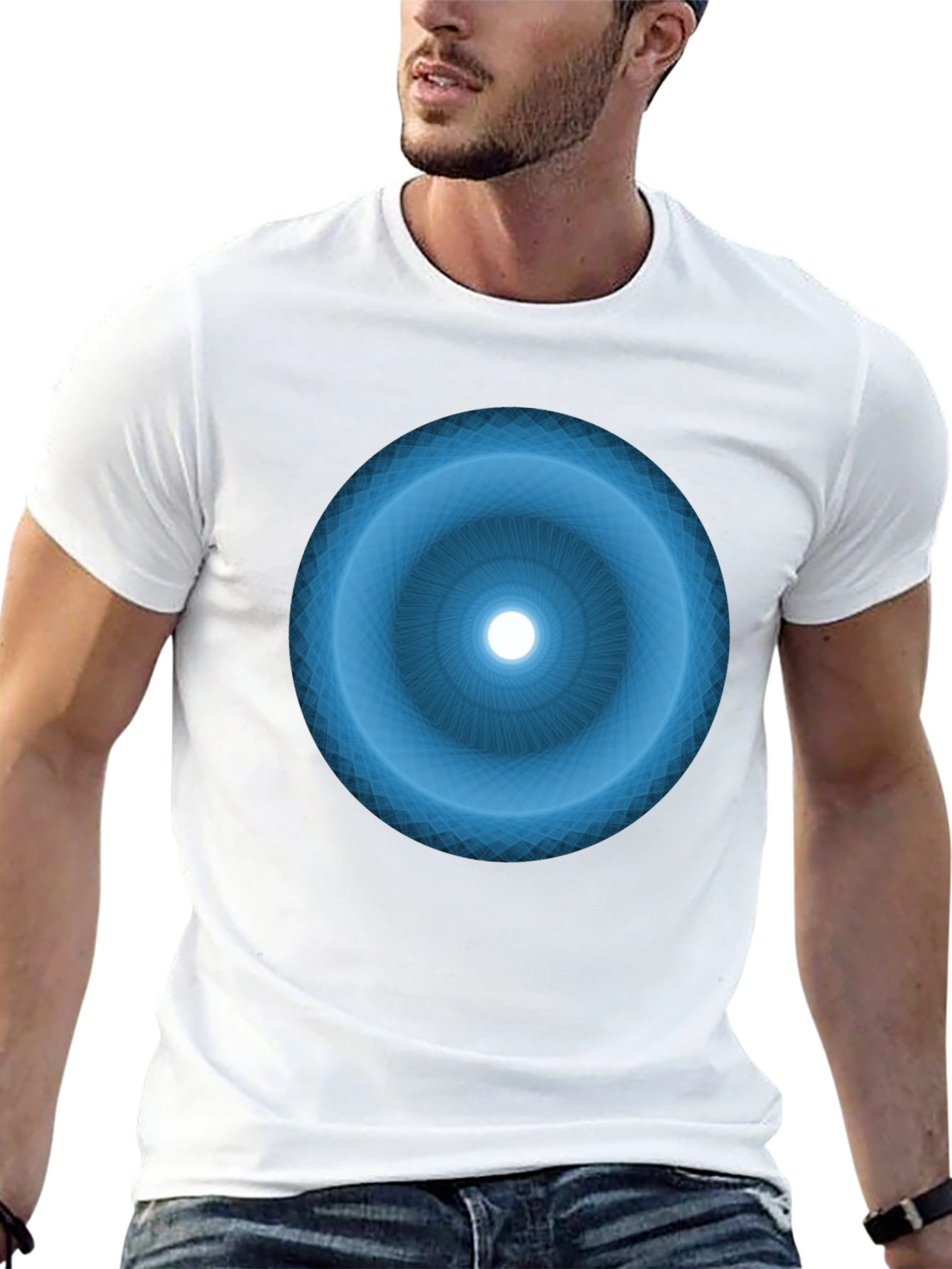 Camiseta Negra con Diseño Circular Azul Abstracto