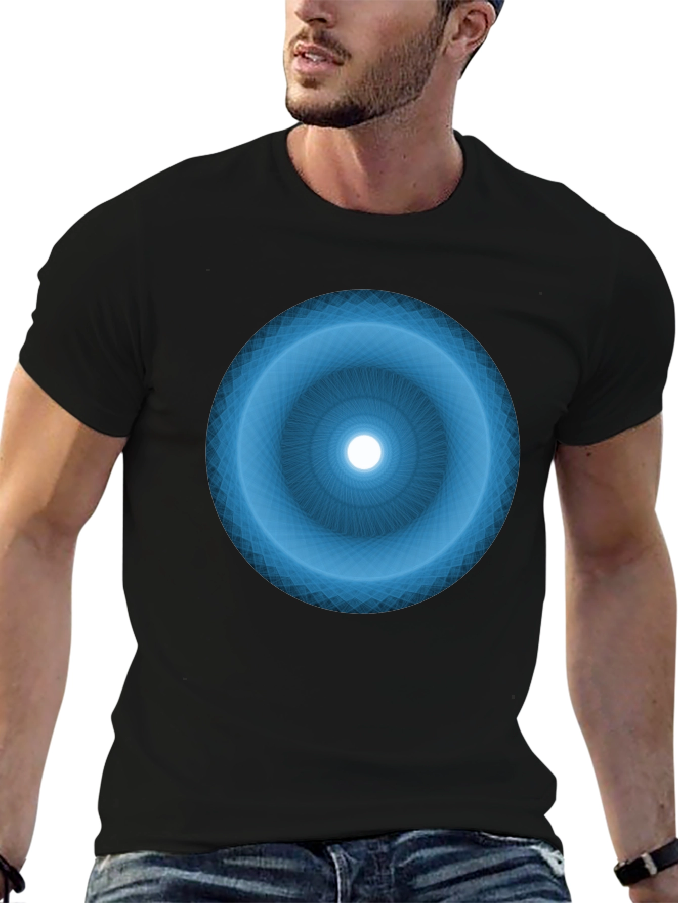 Camiseta Negra con Diseño Circular Azul Abstracto