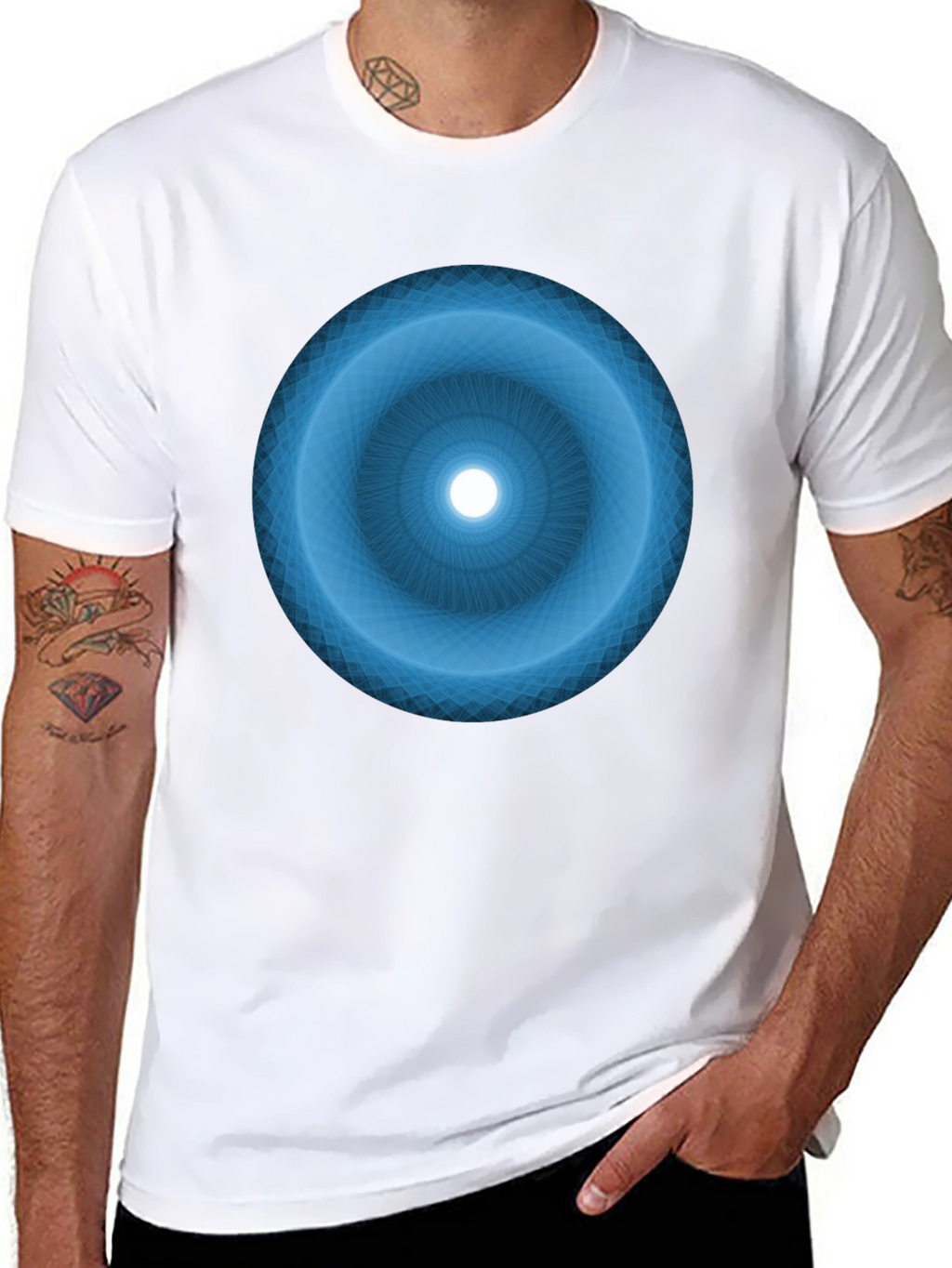 Camiseta Negra con Diseño Circular Azul Abstracto