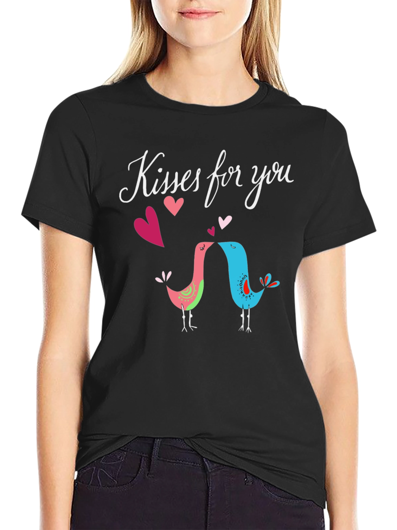 Camiseta Negra Besos para ti con Diseño de Aves