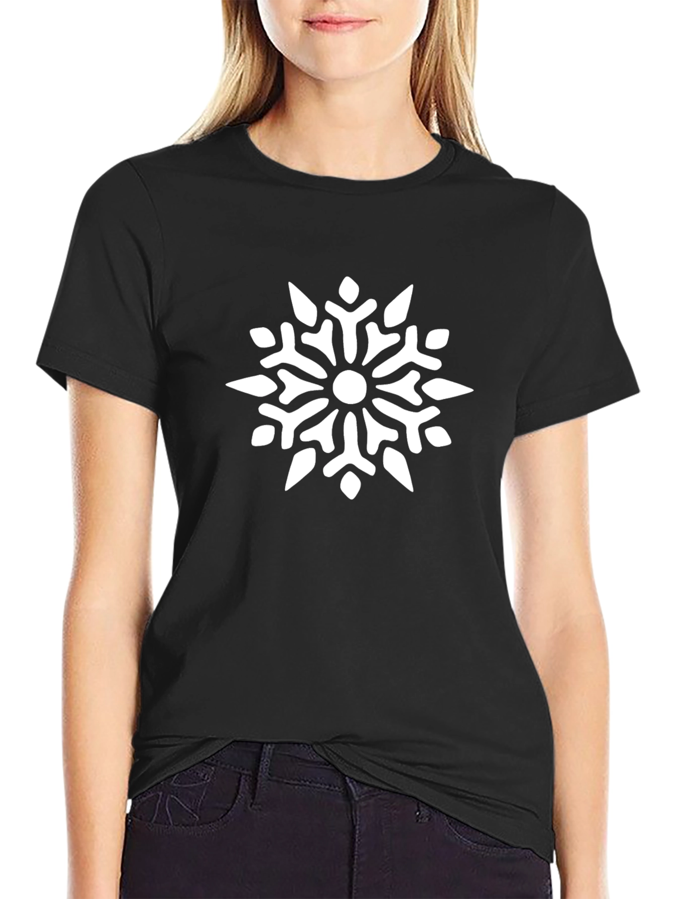 Camiseta Negra con Diseño de Copo de Nieve Blanco