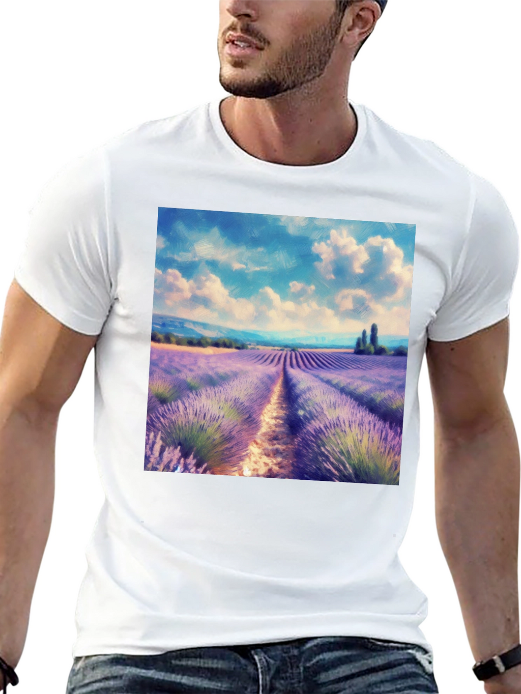 Camiseta Negra con Diseño Campo de Lavanda