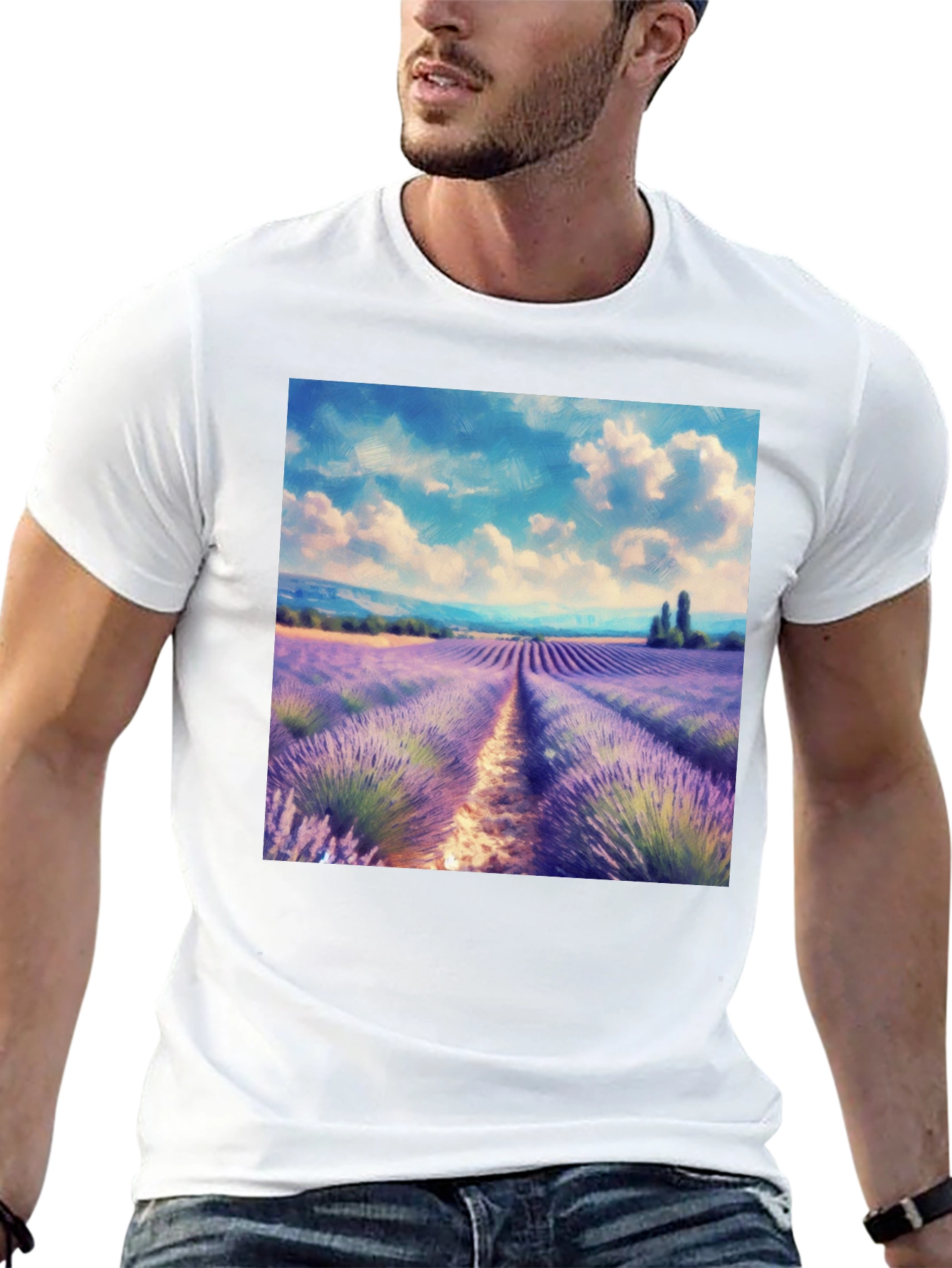 Camiseta Negra con Diseño Campo de Lavanda
